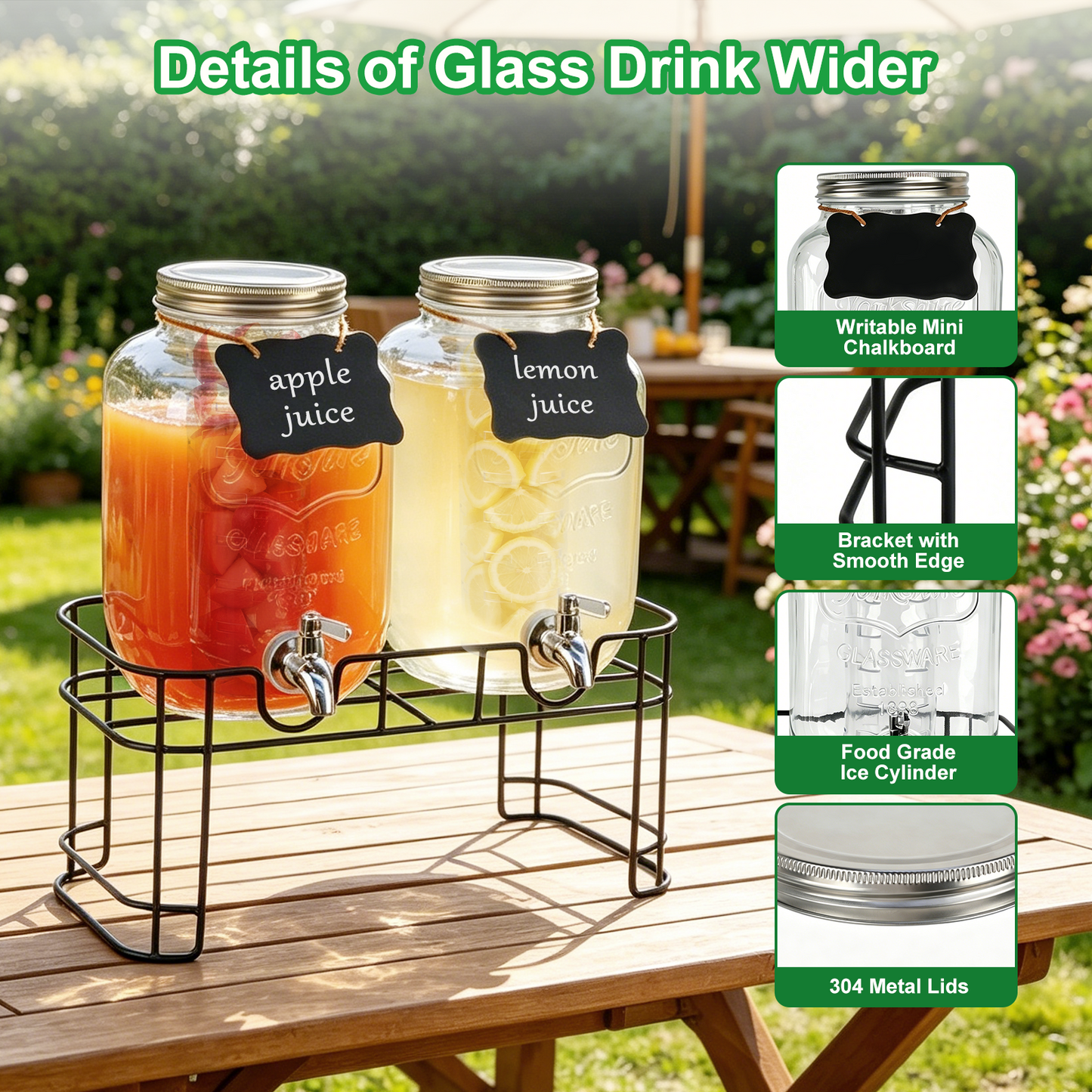 1 Gallon Glass Drink Dispensers for Parties, TAIMASI 2 Pack Beverage Dispenser with Stand & Stainless Steel Spigot, Leakproof Lemonade Drink Dispenser for Sun Tea, Homemade Juice