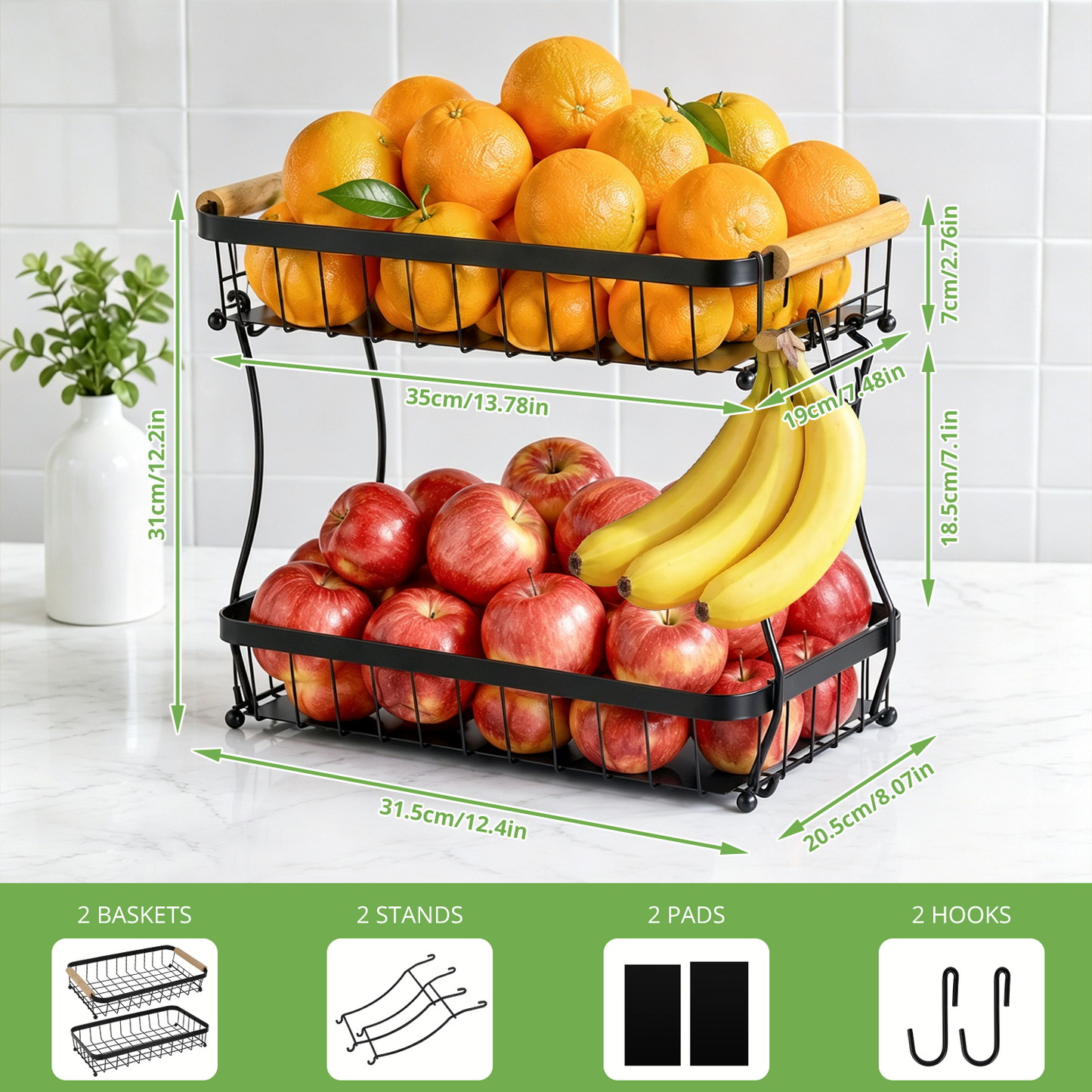 2 Tier Large Fruit Basket for Kitchen Counter with 2 Mobile Banana Hangers, TAIMASI Detachable Metal Fruit Bowl with Wooden Handle, Fruit Holder for Bread Snack Veggies with Protective Mats