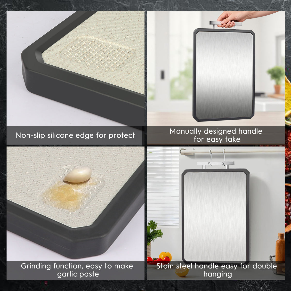 Double-Sided Cutting Board, AOKIWO Large Cutting Boards with Handle & Knife Protector finger guard，Non toxic Stainless Steel Wheat straw PP Chopping Board for Kitchen meat and vegetables-16 * 11 Inch