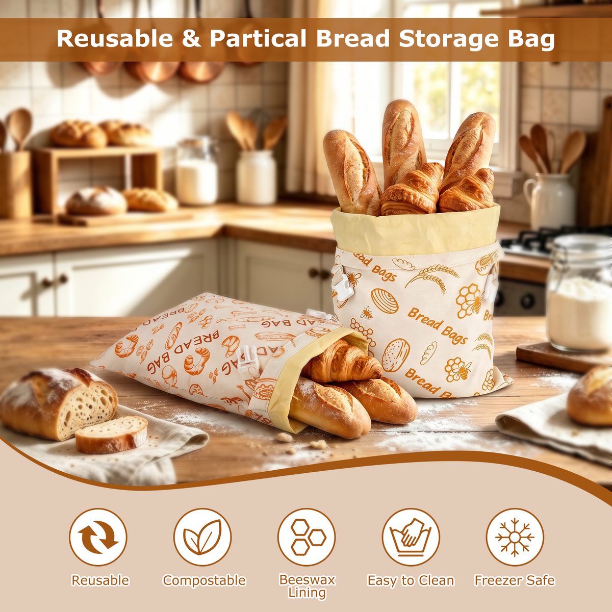 Beeswax Bread Bag, TAIMASI 2 Pack Beeswax Bread Bags for Homemade Bread, Reusable Bread Sourdough Bags, 17 x 12.6'' Cotton Linen Bread Storage Bag