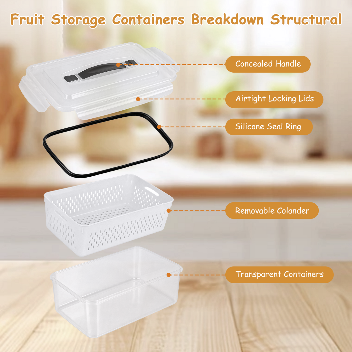 5 Pack Fruit Storage Containers for Fridge with Removable Colander & Handle Lid, Refrigerator Organizers and Storage, 5-in-1 Leakproof Organizer for Salad, Berries, Vegetables & Meat, Dishwasher Safe