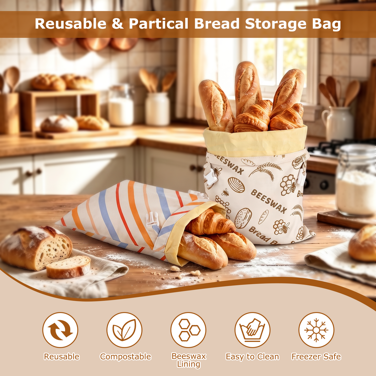 Beeswax Bread Bag, TAIMASI 2 Pack Beeswax Bread Storage Bags for Homemade Bread, Reusable Bread Sourdough Bags, 17 x 12.6'' Cotton Linen Bread Storage Bag