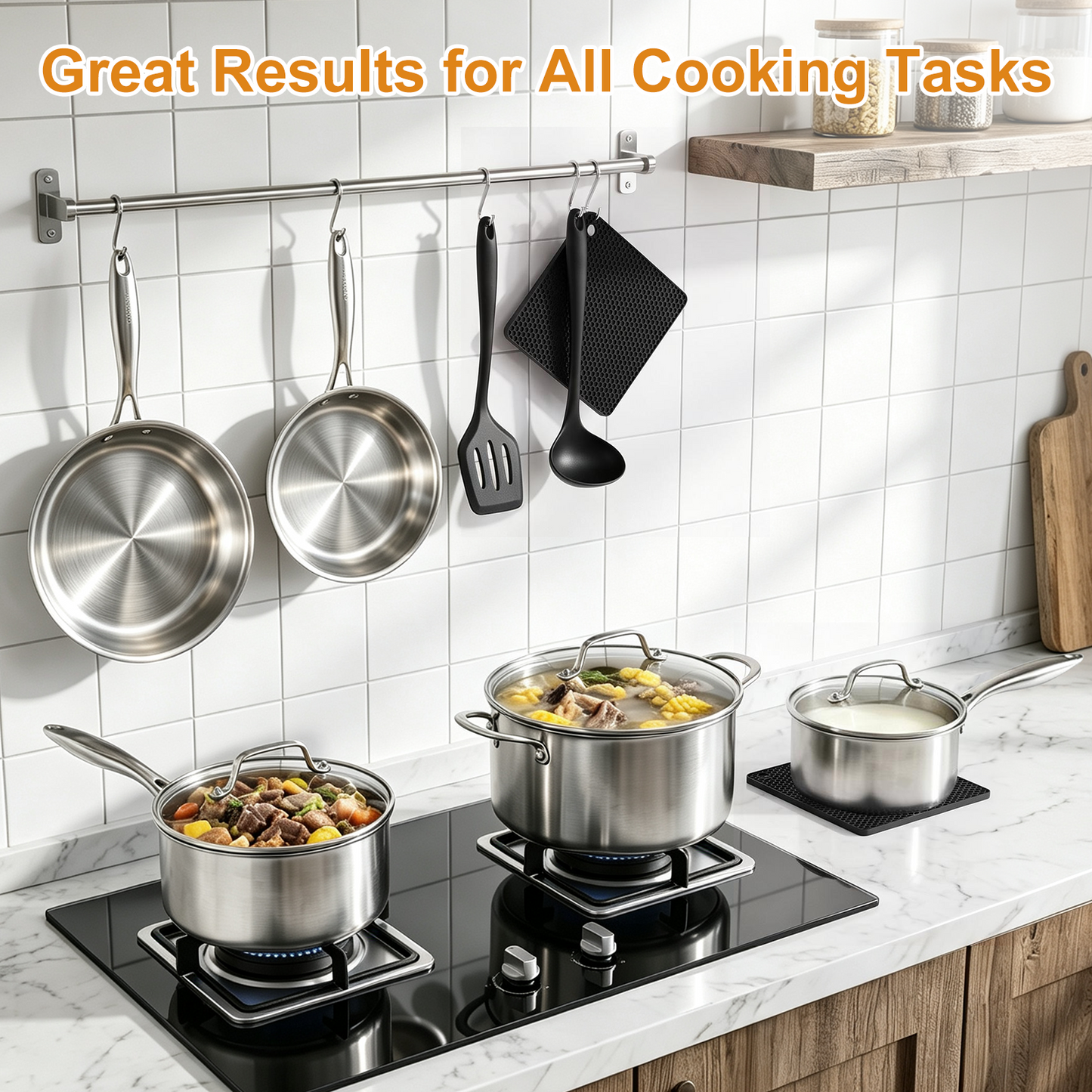 12 Pcs Stainless Steel Cookware Set, TAIMASI 3 Ply Pots and Pans Set, Induction & Oven Safe Kitchen Cookware Set, Non Toxic Kitchen Essential Cooking Set with Handle, Dishwasher Safe
