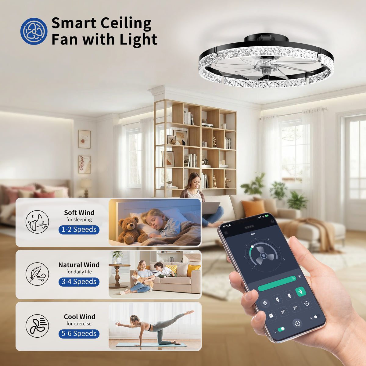 Ceiling Fans with Lights and Remote, 20'' Low Profile Ceiling Fans, 3000-6000K Dimmable Modern Flush Mount LED Fan Light