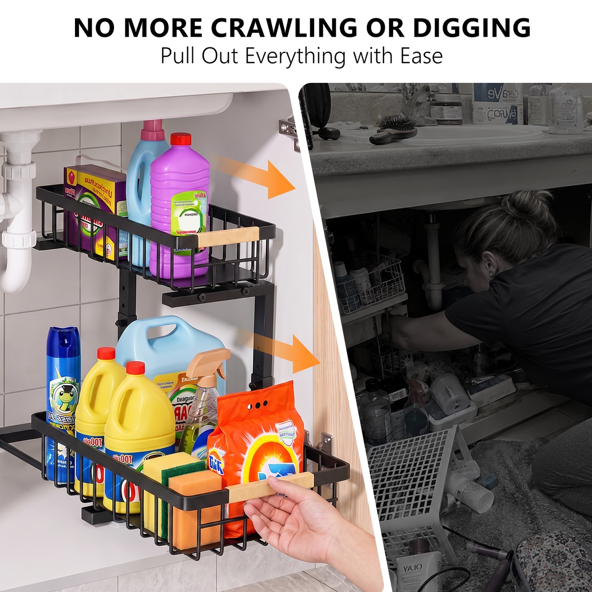 TAIMASI 1 Pack Under Sink Organizers and Storage, 2-Tier Pull Out Cabinet Organizer with Sliding Drawer, Adjustable Height Metal Bathroom Sink Organizer for Kitchen Pantry Closet, Black