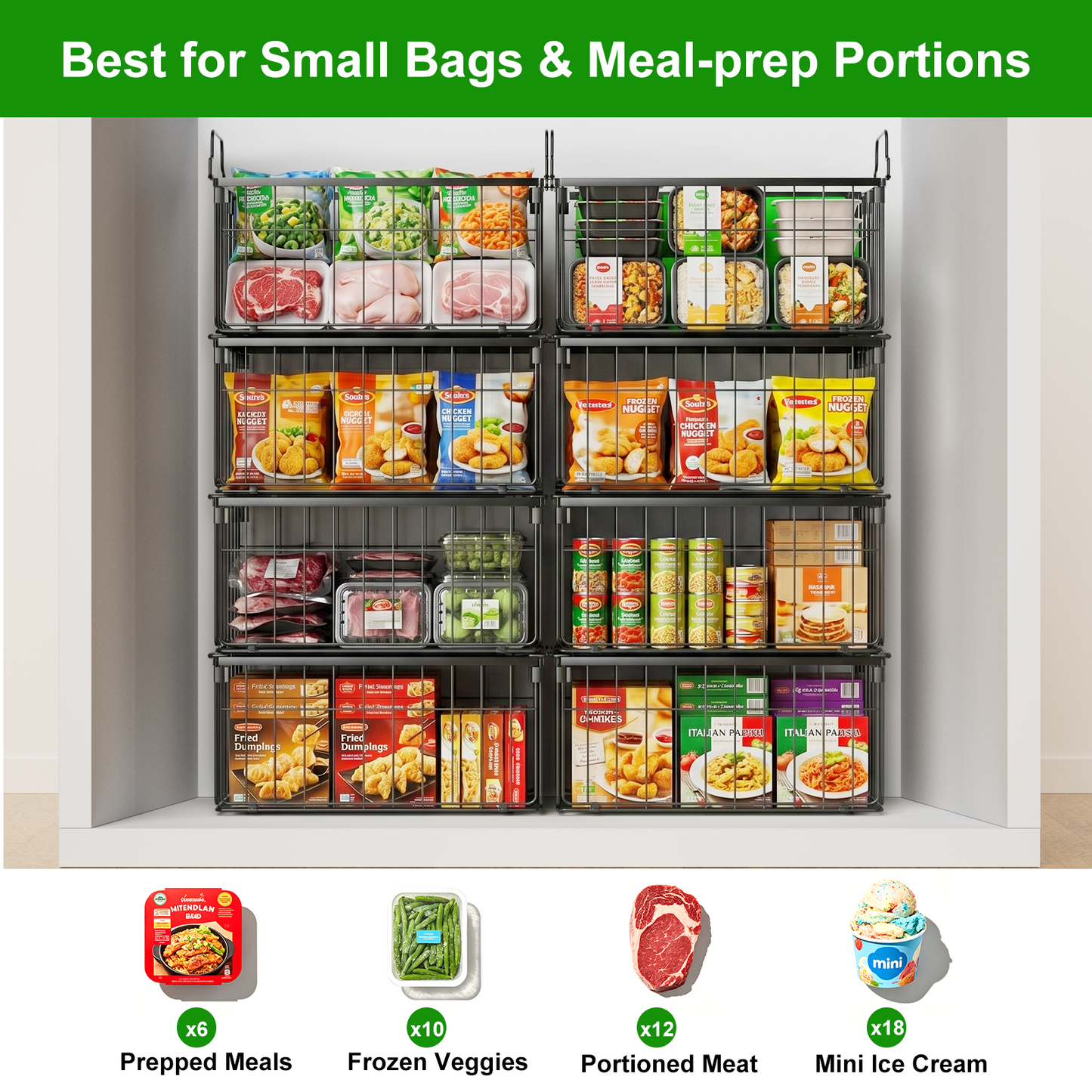 Freezer Organizer Bins, TAIMASI 4 Pack Stackable Deep Chest Freezer Baskets with Foldable Handles, Coated Metal Storage Containers for 3.5-7 Cu.FT Deep Freezer, Frozen Meats Food Organization