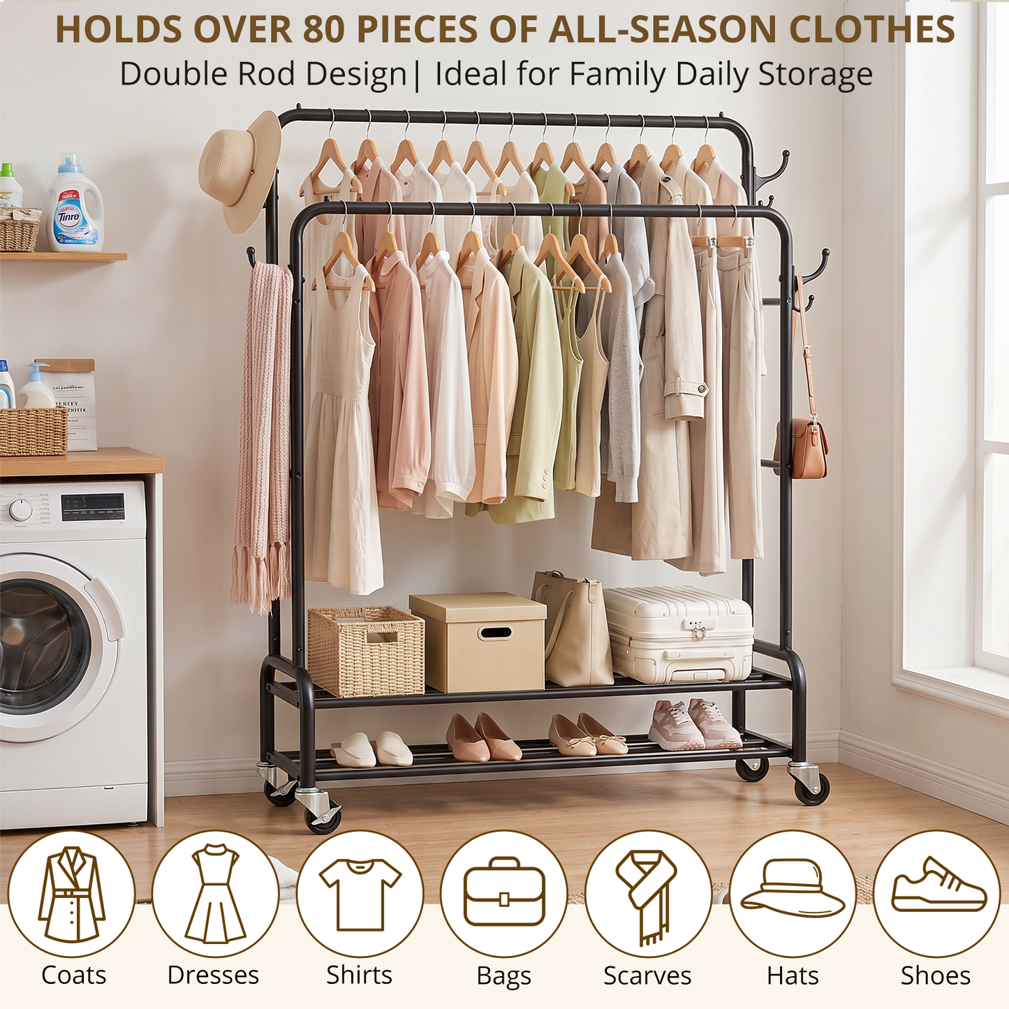 Heavy Duty Double Rod Clothes Rack, Rolling Garment Rack with 2 Tier Shelf and Side Hooks, Metal Coat Rack on Wheels for Bedroom, Laundry Room and Living Room, 44.3"L x 16.1"W x 61.8"H, Black