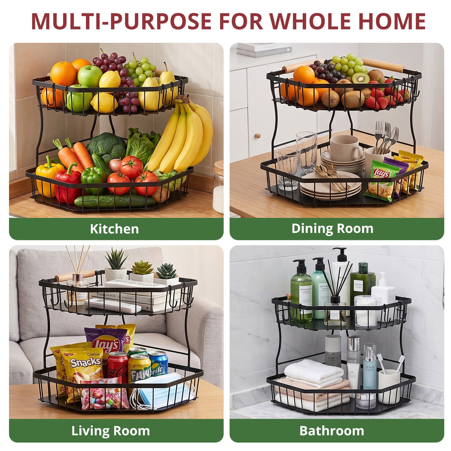 2-Tier Large Fruit Basket for Kitchen Counter with 4 Banana Hangers, Detachable Metal Fruit Bowl with Wooden Handle, Fruit Stand/Fruit Holder for Bread, Snacks, Vegetables,Produce with Protective Mat