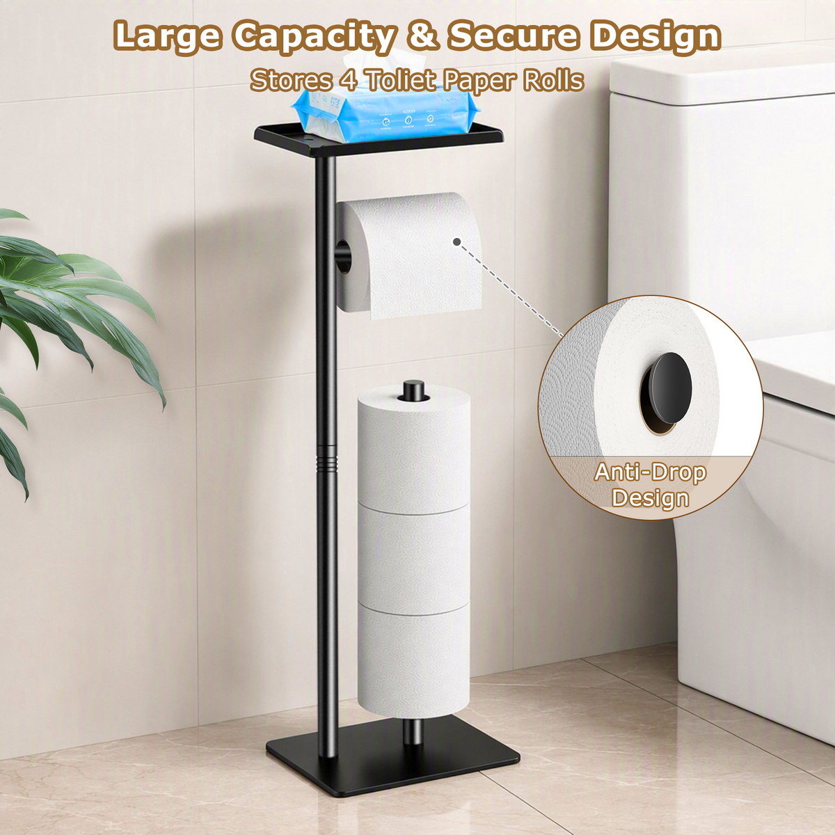 Mibote Toilet Paper Holder Free Standing with Storage Shelf, Metal Bathroom Tissue Holder for 4 Rolls, Matte Black