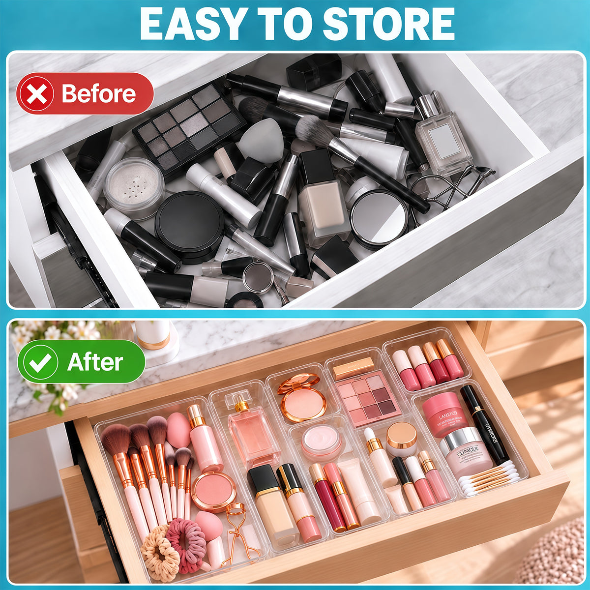 TAIMASI 72 Pcs Clear Plastic Drawer Organizer Set, 4 Sizes Desk Drawer Divider Organizers and Storage Bins for Makeup, Jewelry, Gadgets for Kitchen, Bedroom, Bathroom, Office