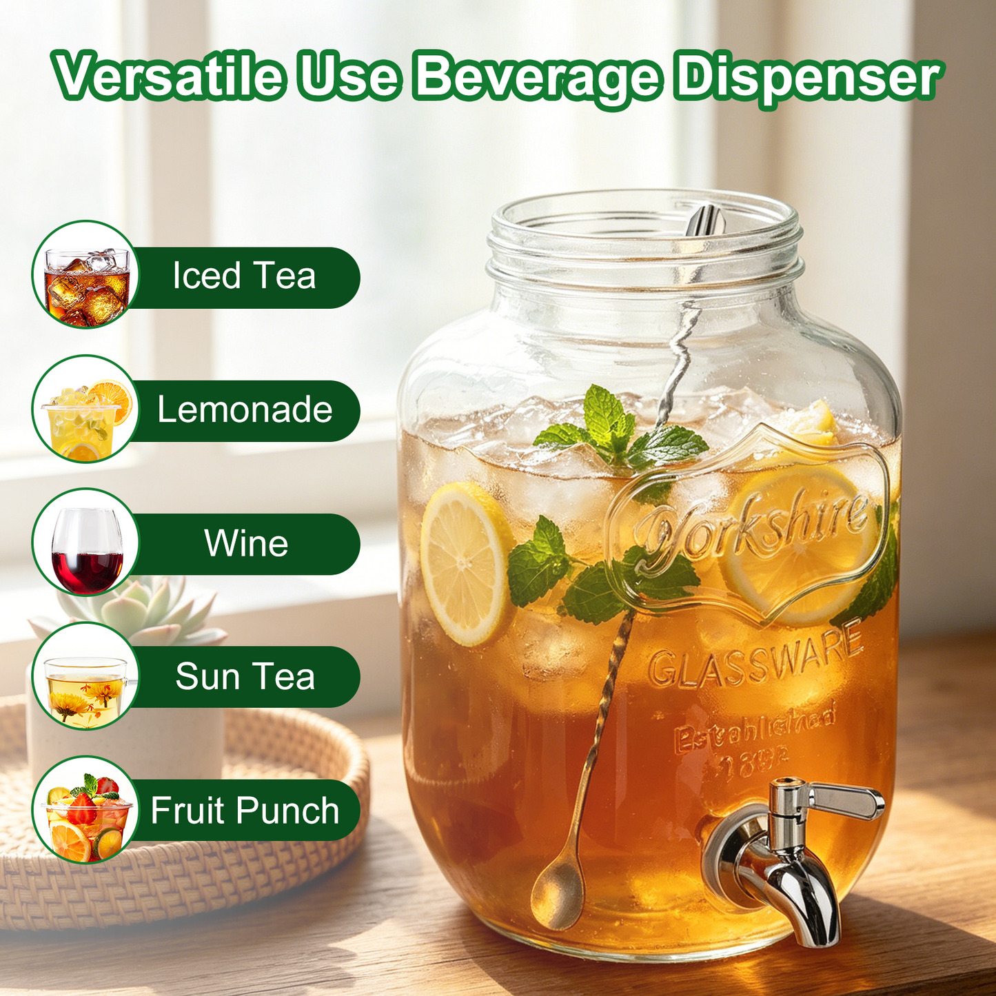 1 Gallon Glass Drink Dispensers for Parties, TAIMASI 2 Pack Beverage Dispenser with Stand & Stainless Steel Spigot, Leakproof Lemonade Drink Dispenser for Sun Tea, Homemade Juice