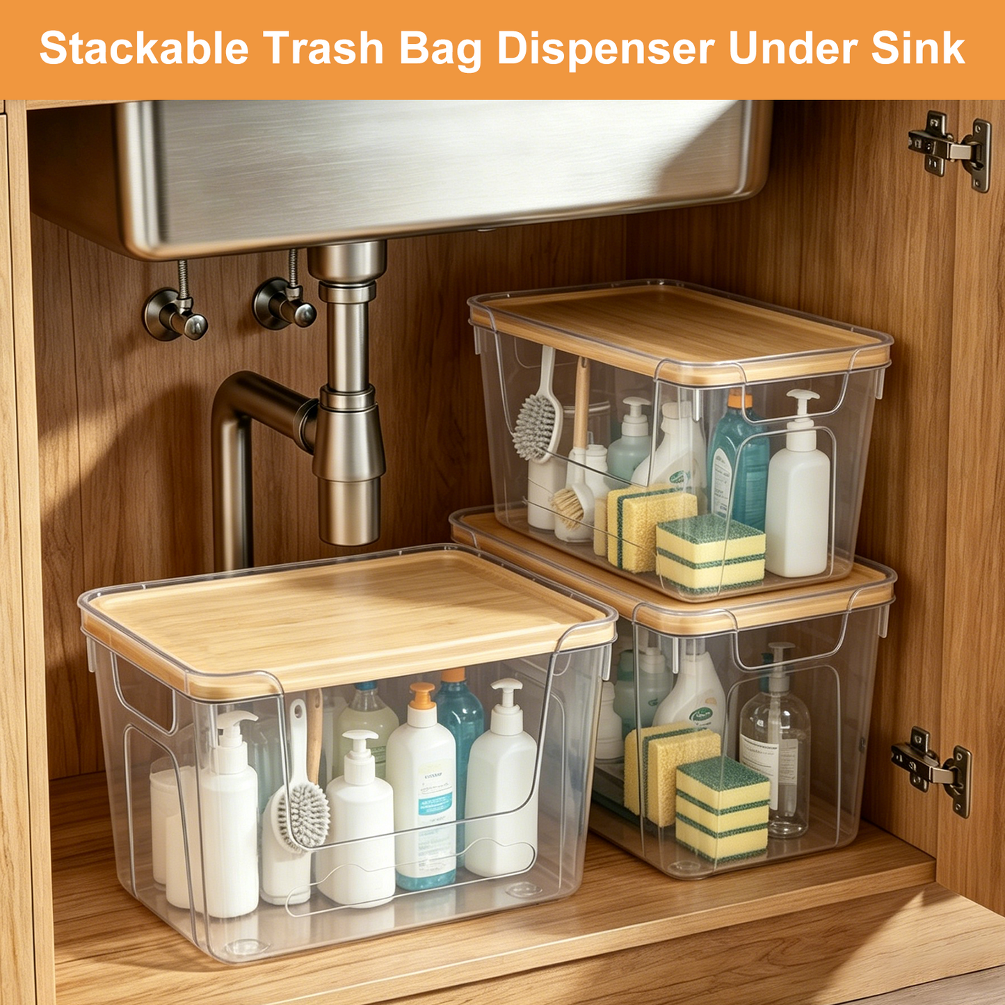 4 Pcs Garbage Bag Dispenser, TAIMASI Stackable Trash Bag Holder with Plastic Lid for 4-33 Gal Bags, Clear Organizer Bins for Under Sink Organization, Kitchen, Laundry, Pantry