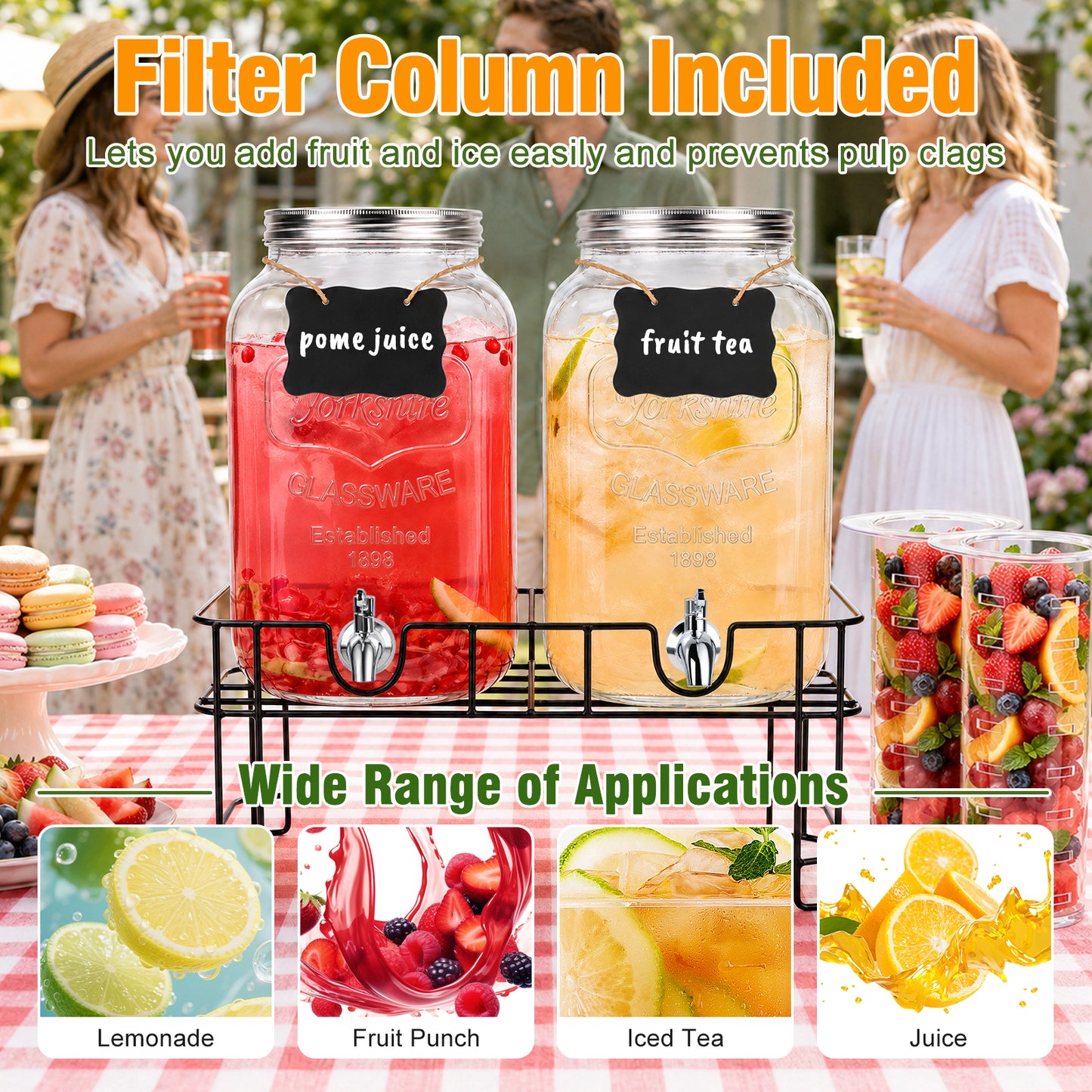 2 Gallon Drink Dispensers, TAIMASI 2 Pack Glass Beverage Dispenser with Stand & Stainless Steel Spigot for Parties, Lemonade Dispenser for Sun Tea, Picnic