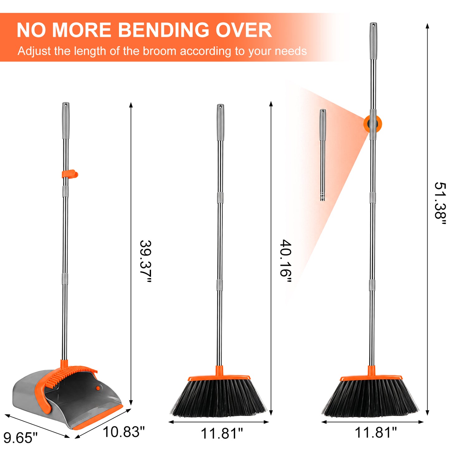 Upgrade Broom and Dustpan Set, TAIMASI Broom with Dustpan Combo with 52" Long Adjustable Handle, Ideal for Indoor Outdoor Garage Kitchen Room Office Lobby (Gray&Orange)
