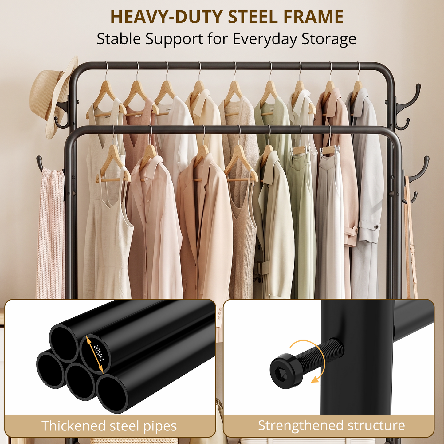 Heavy Duty Double Rod Clothes Rack, Rolling Garment Rack with 2 Tier Shelf and Side Hooks, Metal Coat Rack on Wheels for Bedroom, Laundry Room and Living Room, 44.3"L x 16.1"W x 61.8"H, Black