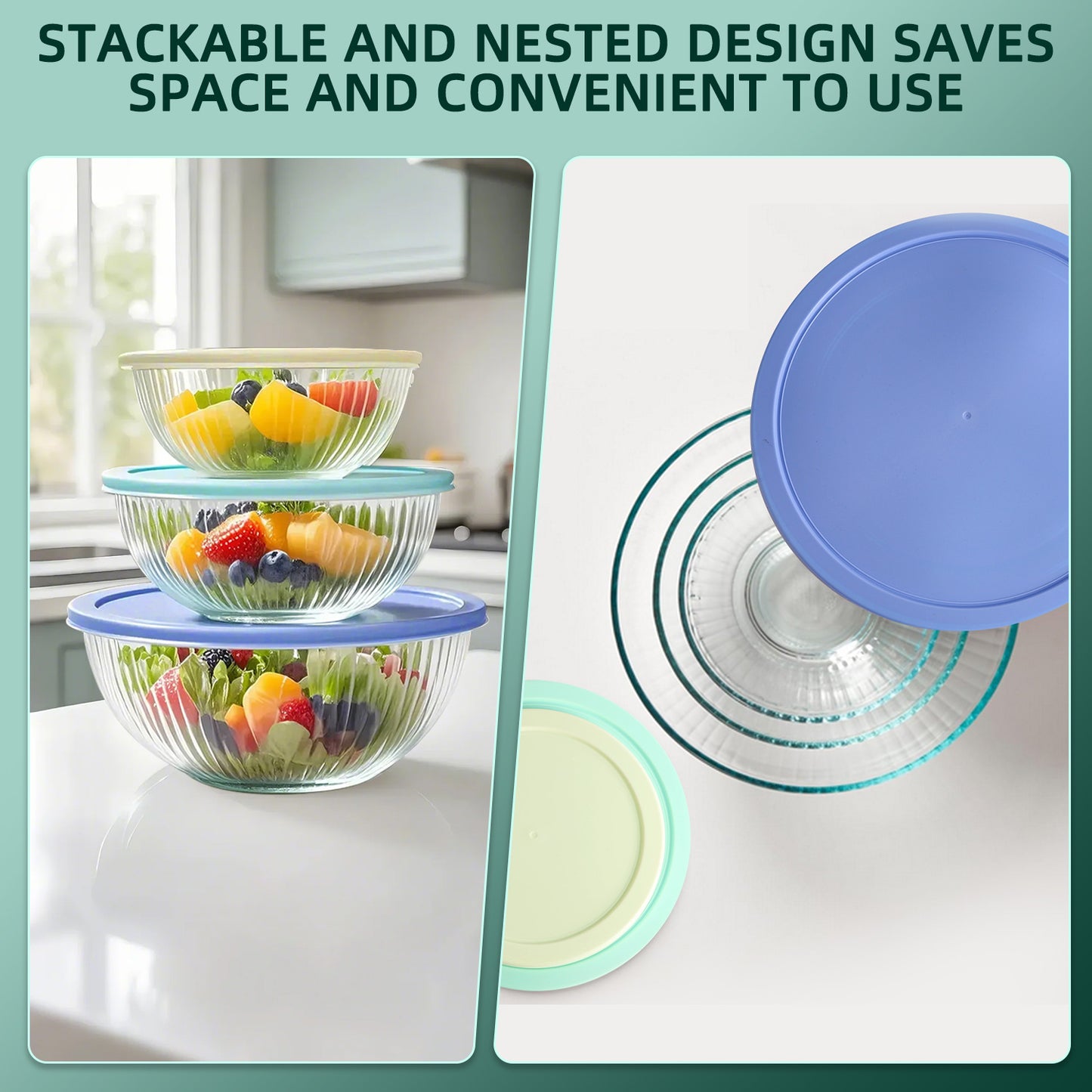 Glass Mixing Bowls Set, AOKIWO 11 Packs 3 Size Glass Nesting Mixing Bowl with BPA-Free Lids & Baking Tools, Kitchen Storage Bowls for Prep, Baking, Serving