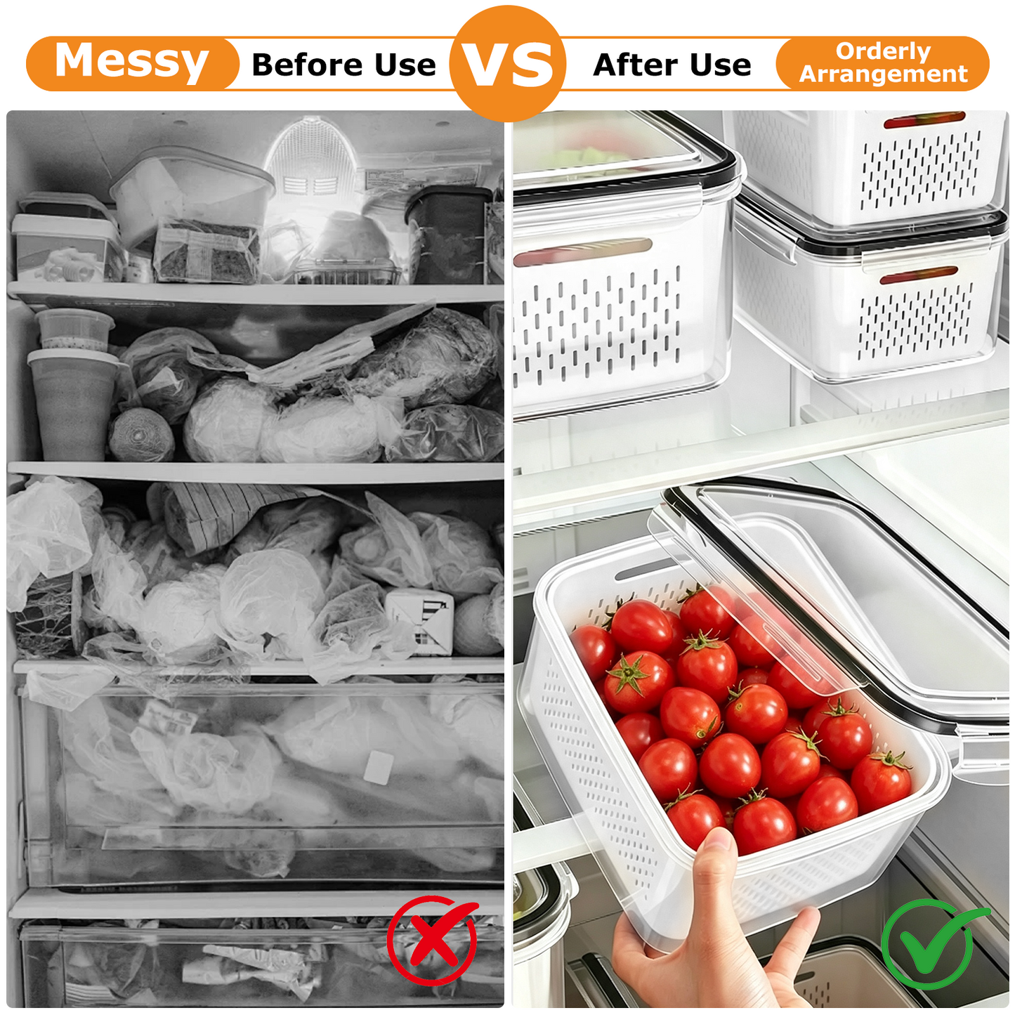 6 Pack Fruit Storage Containers for Fridge with Removable Colanders and Lids, 6 in 1 Leakproof Fridge Organizer Bins for Salad Berry Lettuce Vegetables Meat Keeper Fresh