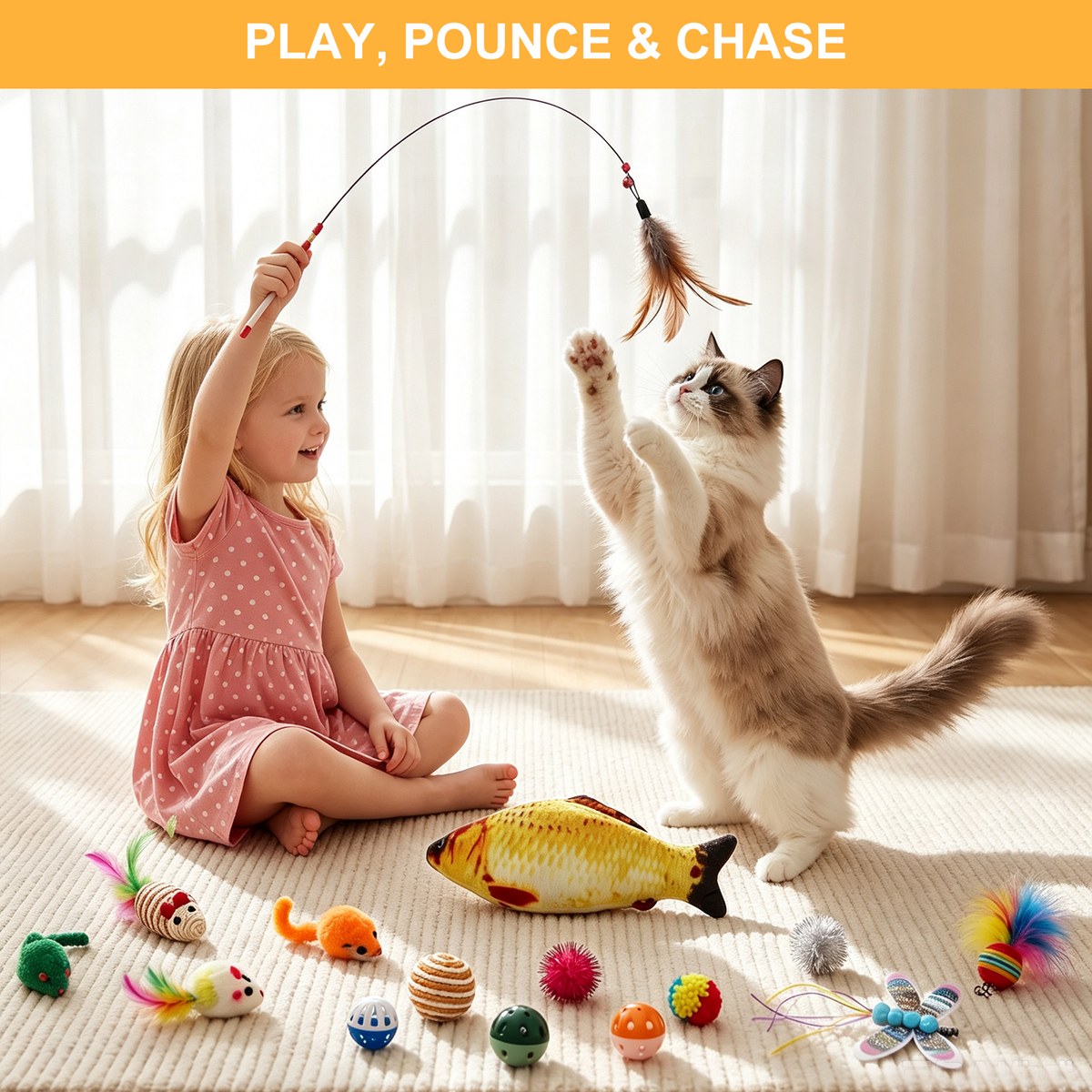 42 Pcs Cat Toys Kitten Toys, Interactive Cat Toy with Collapsible Cat Tunnel Bed, Interactive Kitty Toys Feather Teaser Spring Toy Set for Cat, Kitty