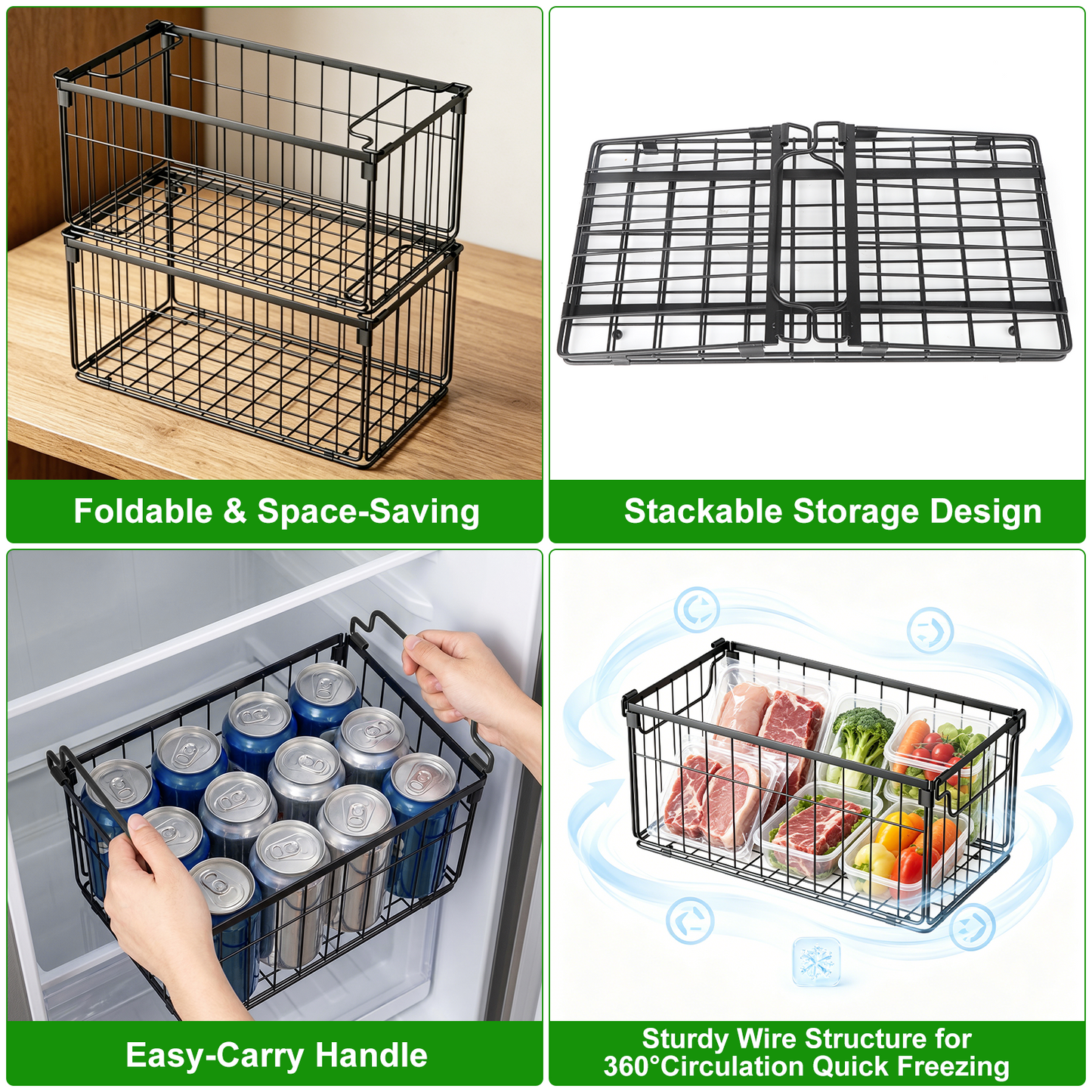 Freezer Organizer Bins, TAIMASI 4 Pack Stackable Deep Chest Freezer Baskets with Foldable Handles, Coated Metal Storage Containers for 3.5-7 Cu.FT Deep Freezer, Frozen Meats Food Organization