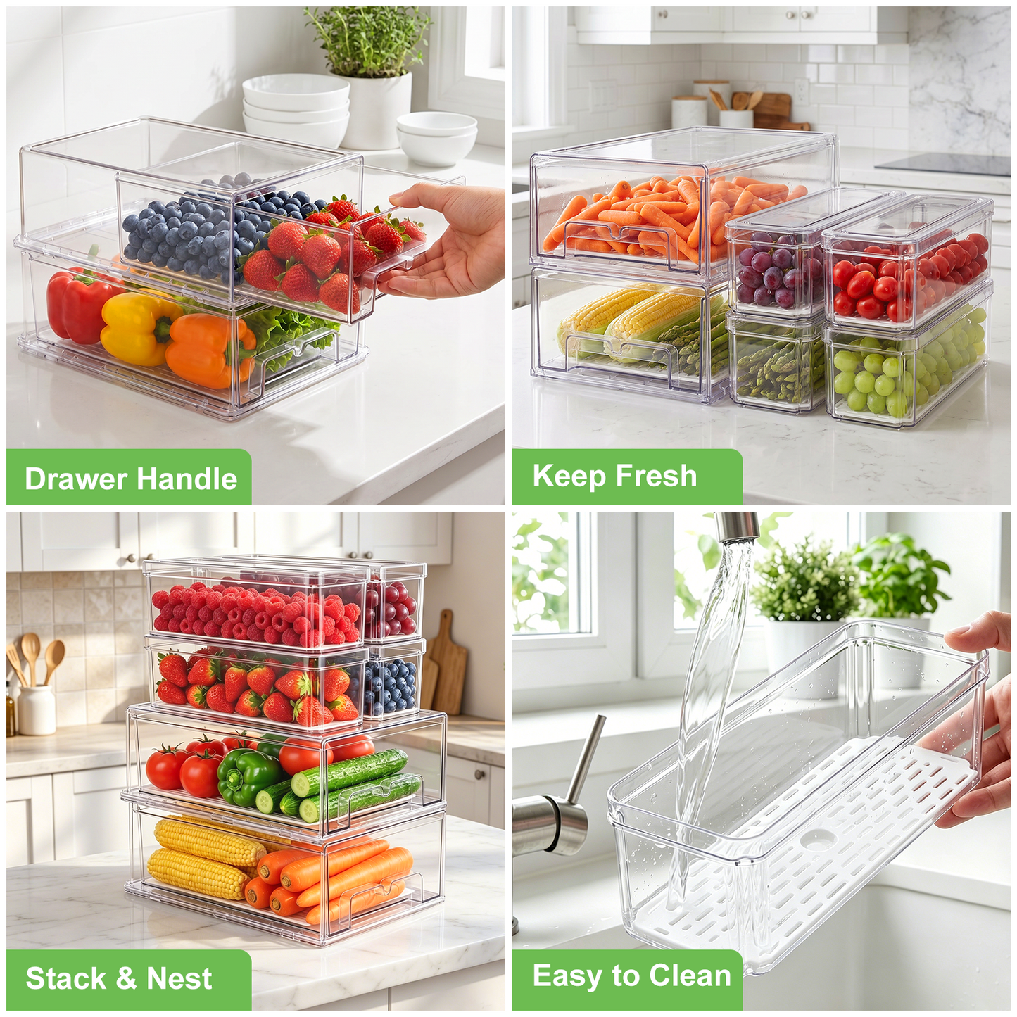 6 Pack Refrigerator Drawer Organizer Bins with Lids, Stackable Fridge & Pantry Storage Bins with Strainer Layer, Clear Plastic Storage Bins for Kitchen, Fruits, Vegetables, Drinks, Snack & Food