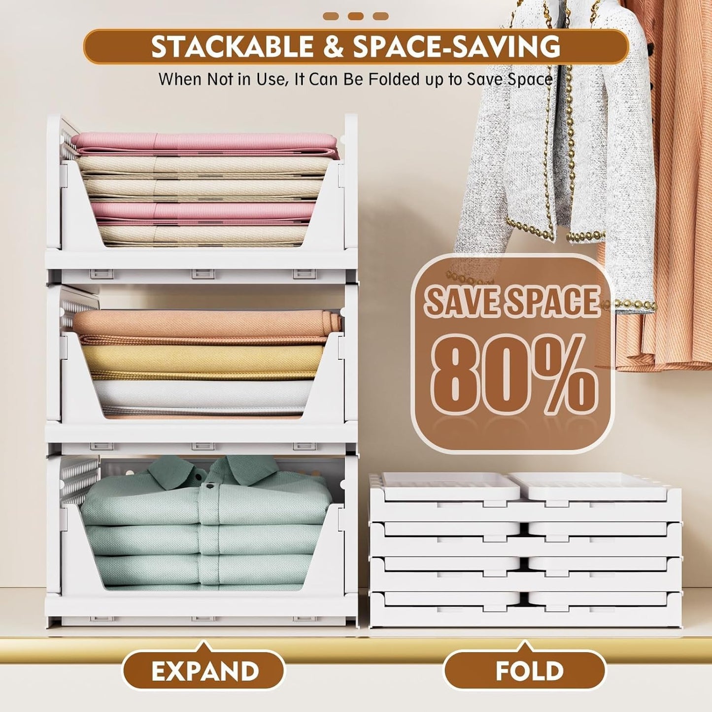 TAIMASI 5 Pack Stackable Closet Storage Basket, Multifunctional Foldable Closet Organizer for Kitchen Bathroom Laundry Room Wardrobe Storage, Space-Saving Clothes Storage Drawer Organizer, White