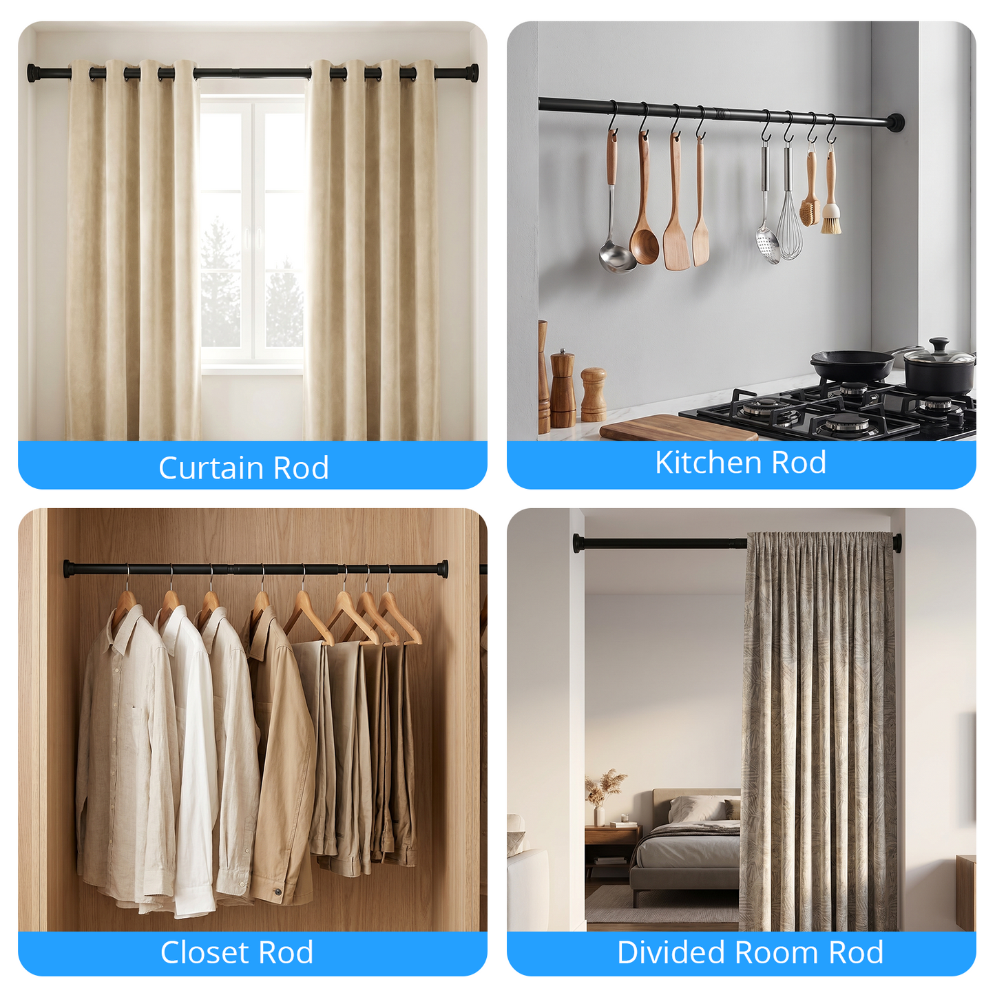 MIBOTE Shower Curtain Rod 32-85 Inch,Adjustable Curtain Rod for Windows,Modern Design, Easy Installation,Black
