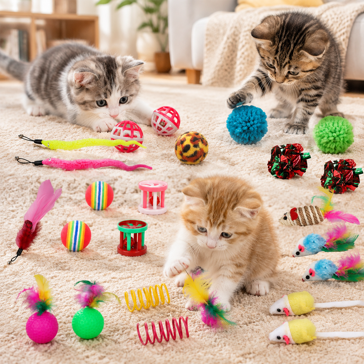 TAIMASI 31 Pcs Cat Toys Kitten Toys, Assorted Interactive Cat Toys Set with Collapsible Cat Tunnel, Teaser Wand, Fluffy Mouse Toy, Crinkle Balls