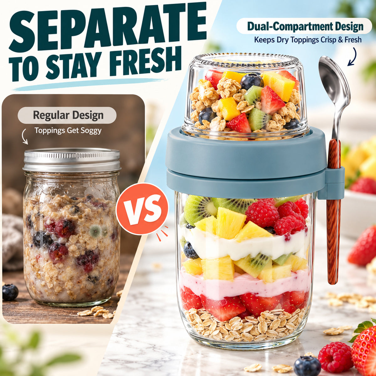 Wynra 6 Pack Dual-Layer Glass Overnight Oats Containers with Lids & Spoons, 16+4 oz Dry-Wet Separation, Leak Proof for Oatmeal, Yogurt & Salad
