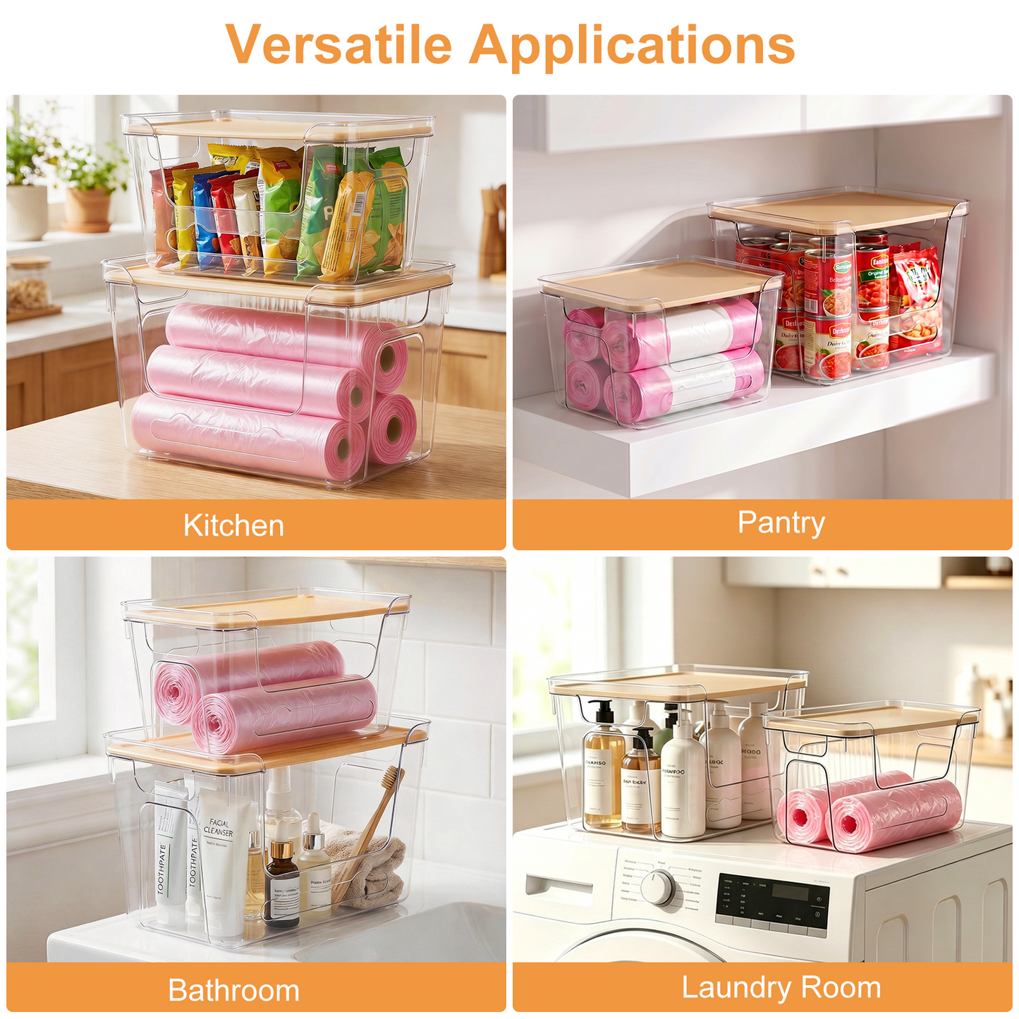 4 Pcs Garbage Bag Dispenser, TAIMASI Stackable Trash Bag Holder with Plastic Lid for 4-33 Gal Bags, Clear Organizer Bins for Under Sink Organization, Kitchen, Laundry, Pantry