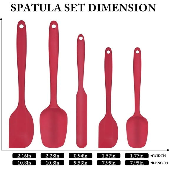 Food Grade Silicone Rubber Spatula Set, 5 Pcs BPA-Free Kitchen Cooking Baking Mixing Utensil Sets, High Heat Resistant Non Stick Dishwasher- Red