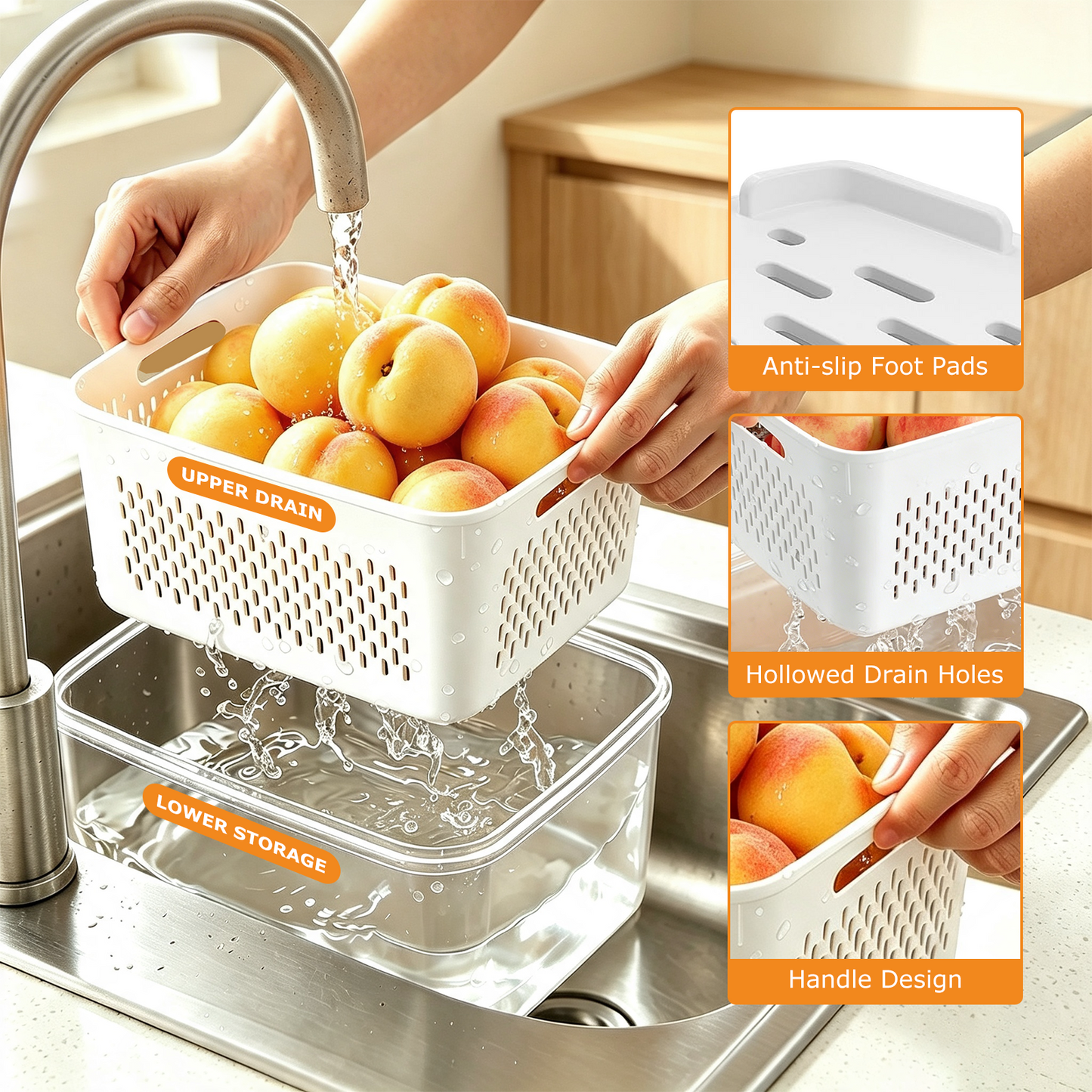 4 Pack Fruit Storage Containers for Fridge with Removable Colanders and Lids, 4 in 1 Leakproof Fridge Organizer Bins for Salad Berry Lettuce Vegetables Meat Keeper Fresh