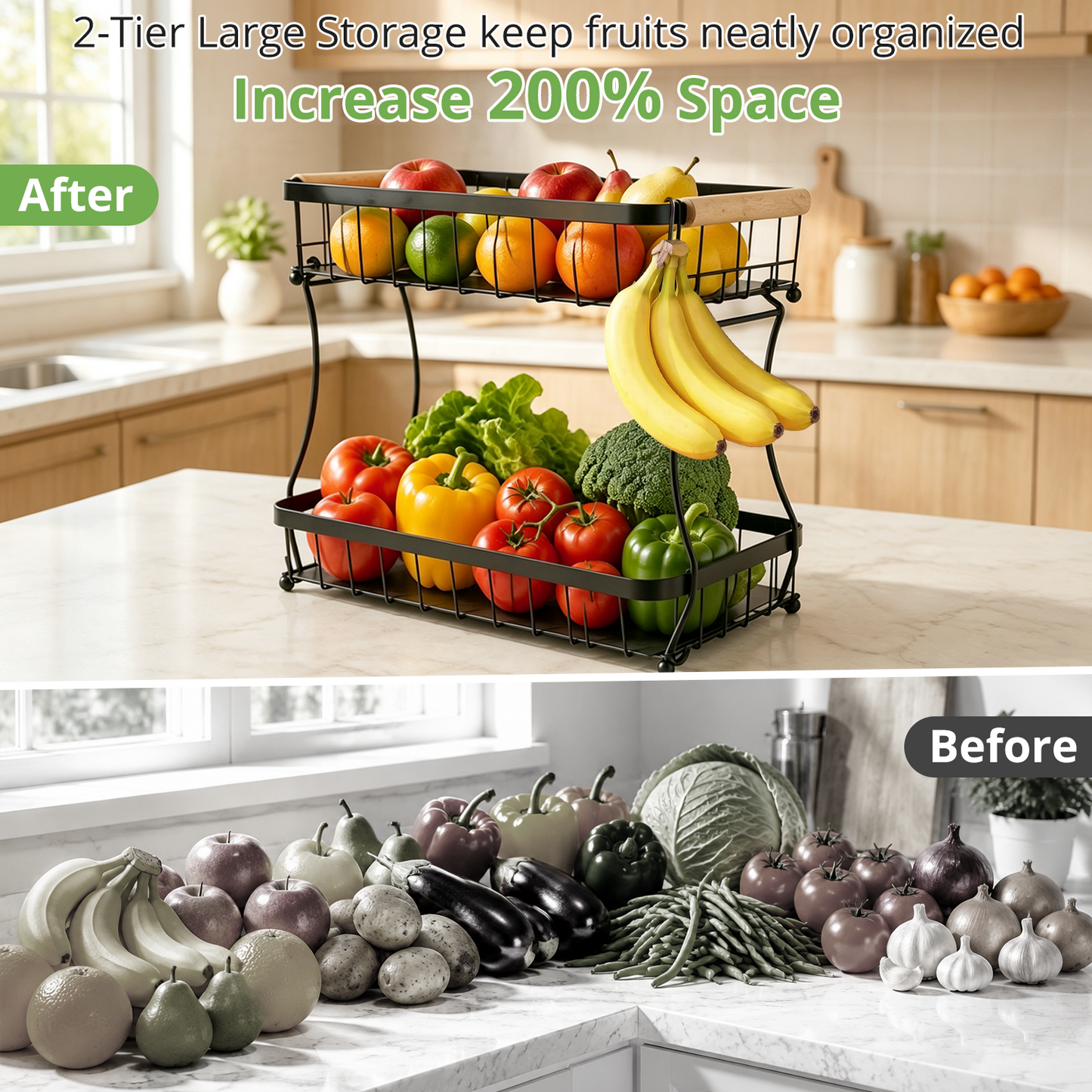 2 Tier Large Fruit Basket for Kitchen Counter with 2 Mobile Banana Hangers, TAIMASI Detachable Metal Fruit Bowl with Wooden Handle, Fruit Holder for Bread Snack Veggies with Protective Mats