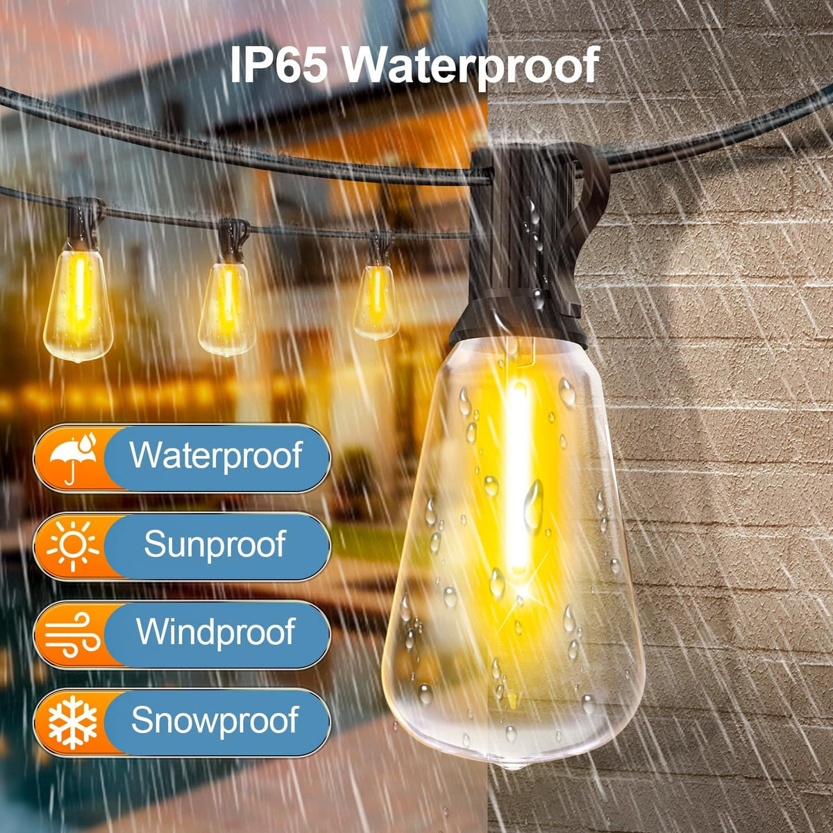 Outdoor String Led Patio Lights, 50Ft Waterproof Light 18 Bulbs+1 Spares with Remote Dimmable ST38 Shatterproof Bulb, for Backyard Yard Porch Party