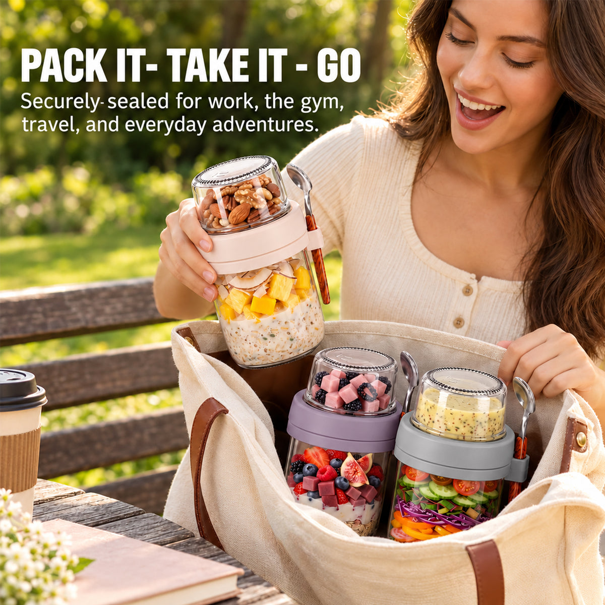 Wynra 6 Pack Dual-Layer Glass Overnight Oats Containers with Lids & Spoons, 16+4 oz Dry-Wet Separation, Leak Proof for Oatmeal, Yogurt & Salad