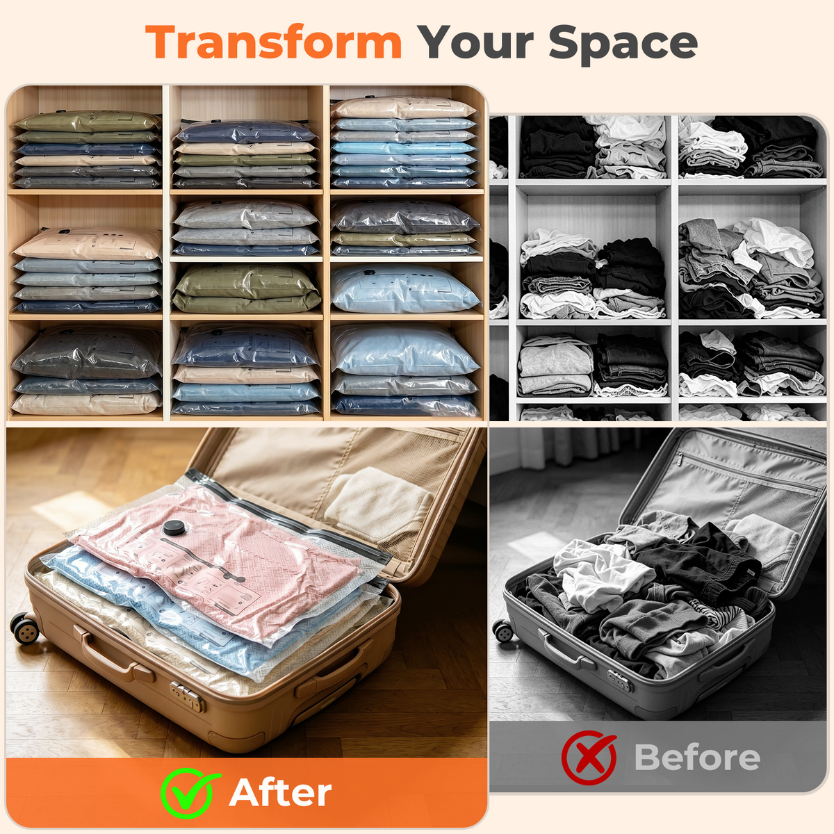 Mibote Vacuum Bags for Travel with Rechargeable Pump, 12 Combo Space Saver Compression Packing Seal Storage for Clothes Luggage