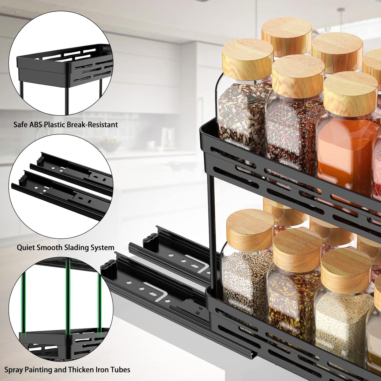 2 Pack Pull Out Spice Rack Organizer for Cabinet, AOKIWO Multi-Purpose Kitchen Storage Cabinet Organizer, Fits 12"H x 11"D x 5"W, Black