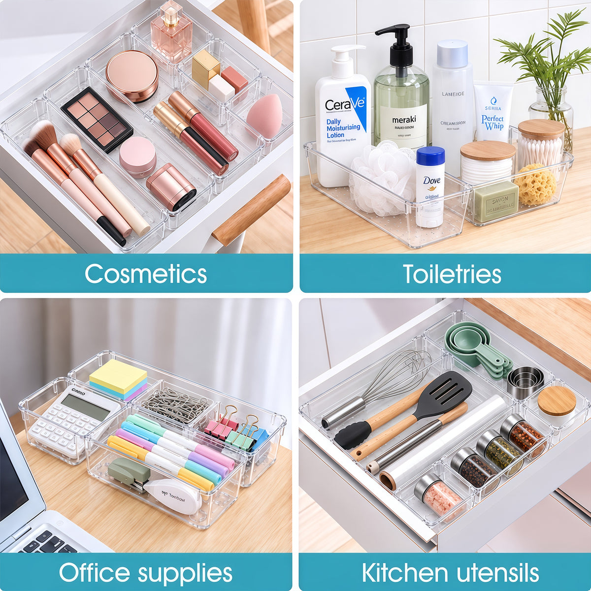 TAIMASI 72 Pcs Clear Plastic Drawer Organizer Set, 4 Sizes Desk Drawer Divider Organizers and Storage Bins for Makeup, Jewelry, Gadgets for Kitchen, Bedroom, Bathroom, Office