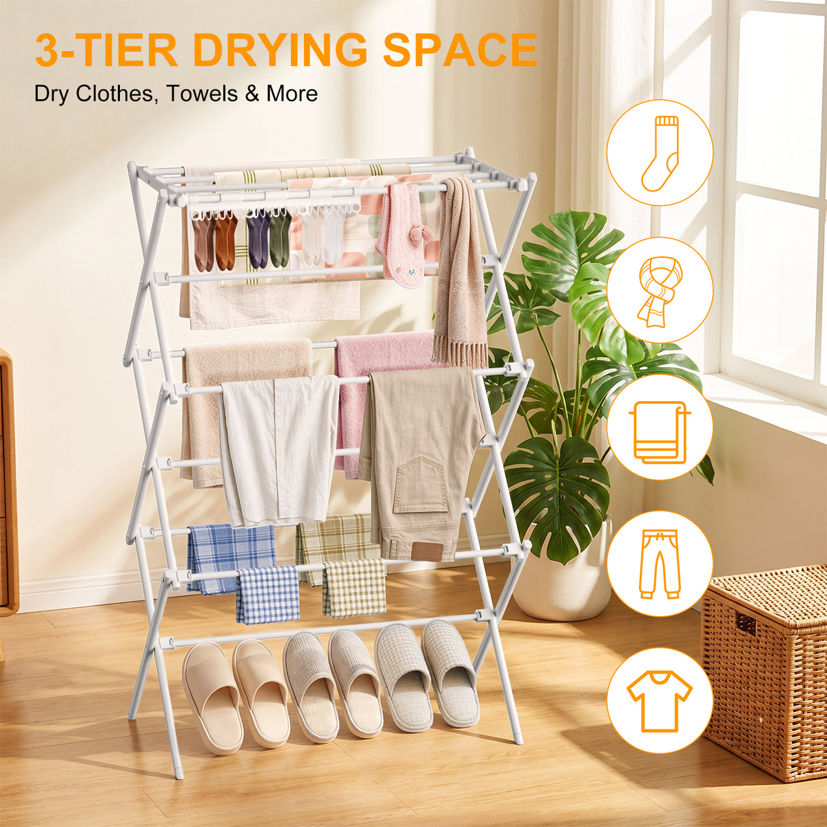 3-Tier Foldable Clothes Drying Rack, Portable Metal Drying Rack Clothing, Collapsible Laundry Drying Rack, Antirust Clothing Rack for Indoor Outdoor Air Drying, 13.4" D x 28.7" W x 45.7" H, White