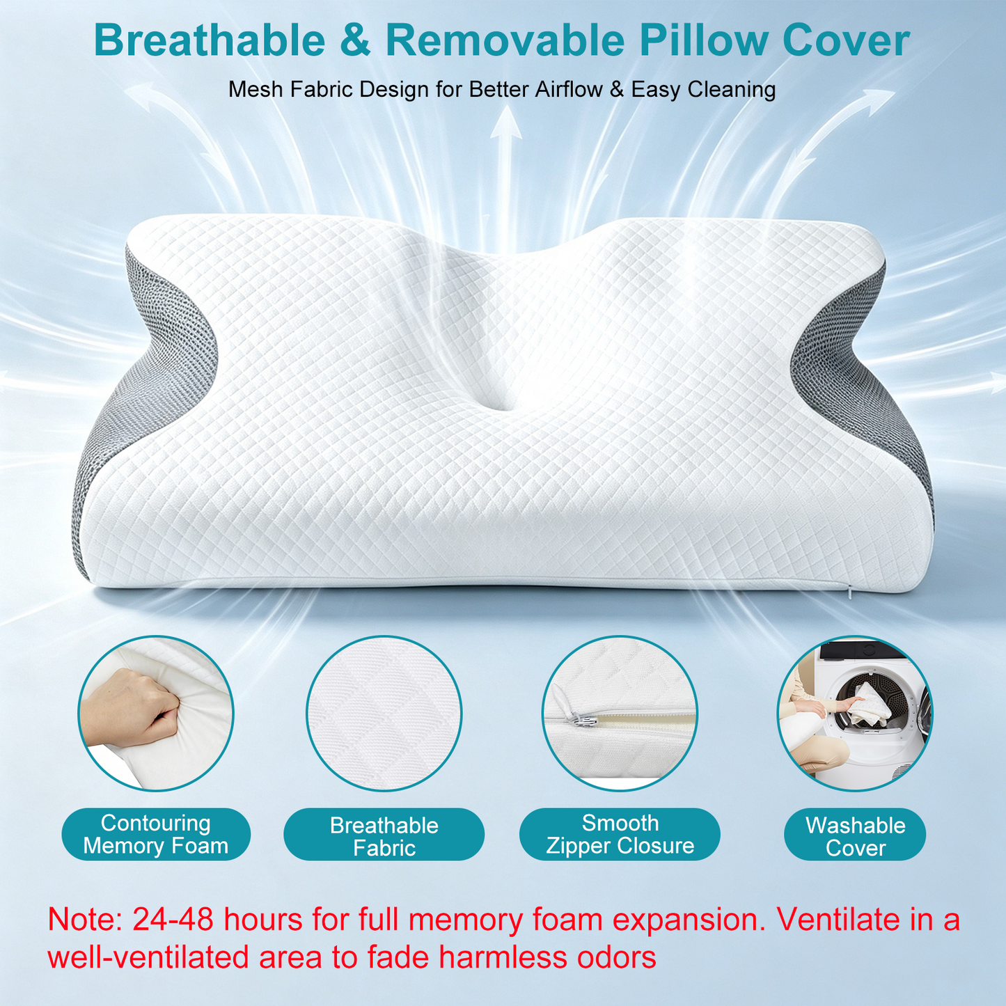 Wyrna Cervical Neck Pillow for Neck Support, Neck Pillow for Pain Relief, 2-Height Memory Foam Pillow, Ergonomic Pillow for Comfortable Side and Back Sleeping, Breathable and Easy to Clean