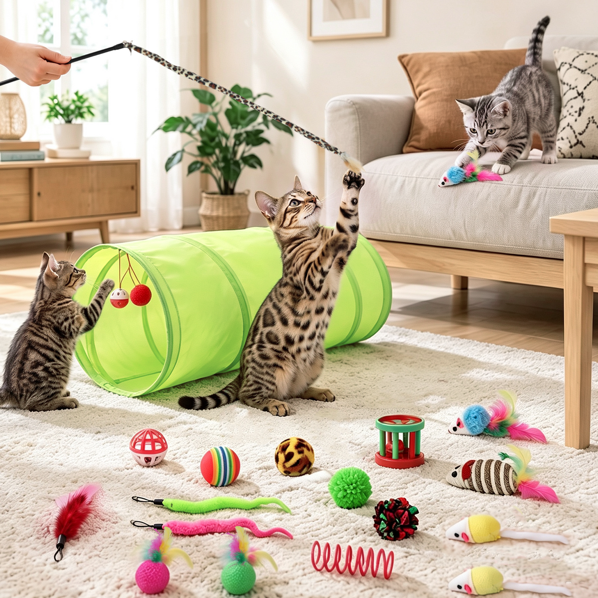 TAIMASI 31 Pcs Cat Toys Kitten Toys, Assorted Interactive Cat Toys Set with Collapsible Cat Tunnel, Teaser Wand, Fluffy Mouse Toy, Crinkle Balls