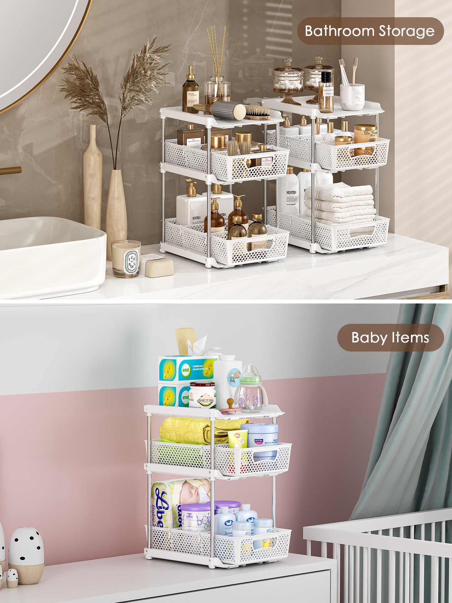TAIMASI Pull-Out 3 Tier Bathroom Organizers and Storage, Under Sink Organizer, Kitchen Cabinet Organizer White, 3 (Count)