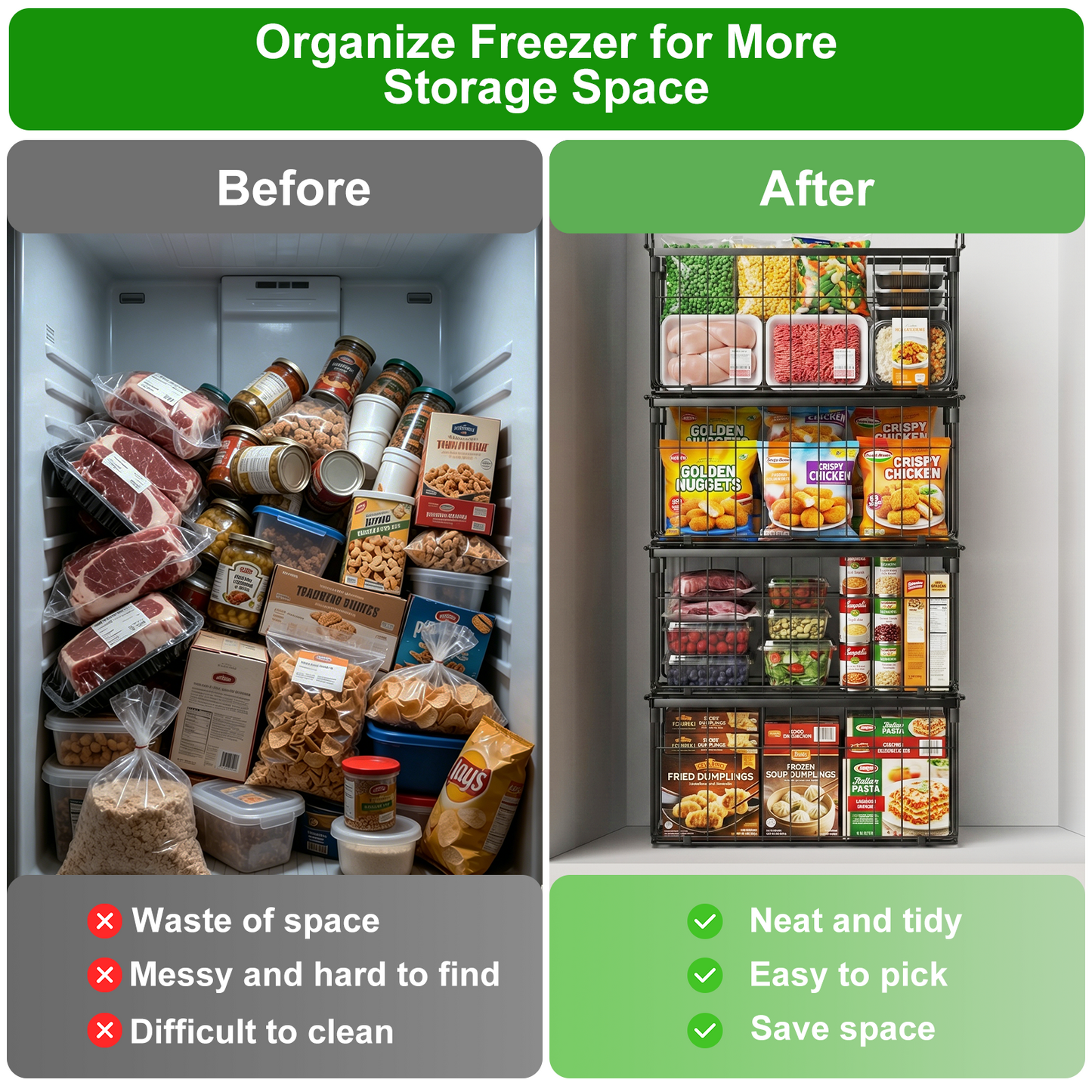 Freezer Organizer Bins, TAIMASI 4 Pack Stackable Deep Chest Freezer Baskets with Foldable Handles, Coated Metal Storage Containers for 3.5-7 Cu.FT Deep Freezer, Frozen Meats Food Organization