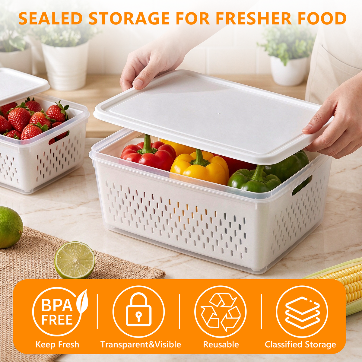 Wynra 4 Pack Fruit Storage Container for Fridge with Airtight Lids & Removable Colander, BPA-Free Plastic Fridge Organizer Bins Produce Saver for Salad Berry Vegetables Meat Keeper Fresh