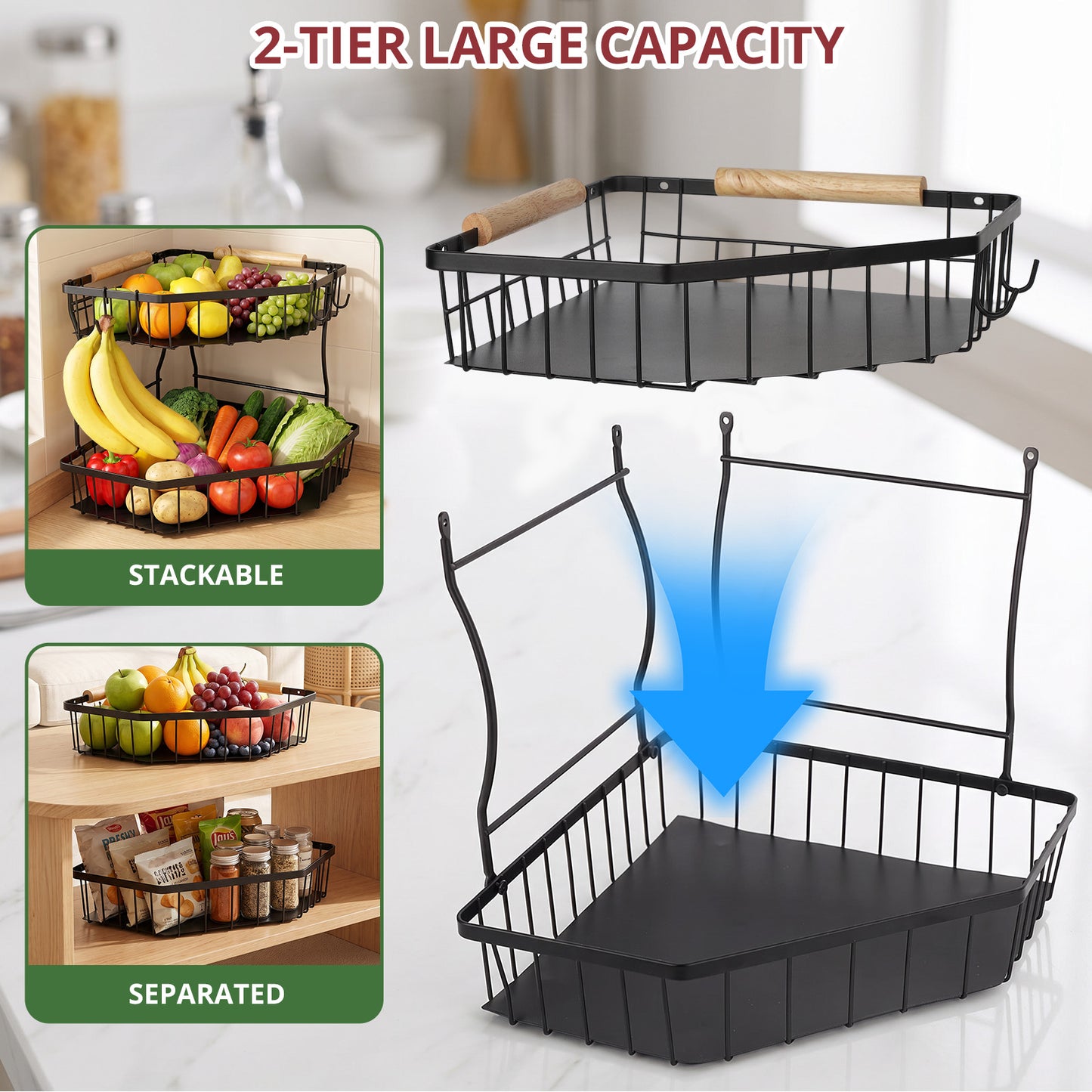 2-Tier Large Fruit Basket for Kitchen Counter with 4 Banana Hangers, Detachable Metal Fruit Bowl with Wooden Handle, Fruit Stand/Fruit Holder for Bread, Snacks, Vegetables,Produce with Protective Mat