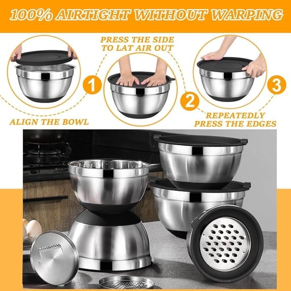 Mixing Bowls with Airtight Lids, AOKIWO 32Pcs Stainless Steel Nesting Non-Slip Bottoms Mixing Serving Bowls Set wtih 3 Grater & Tools Gadgets, 7/4/2.5/2/1.5/1QT Metal Salad Bowls for Serving Preppi