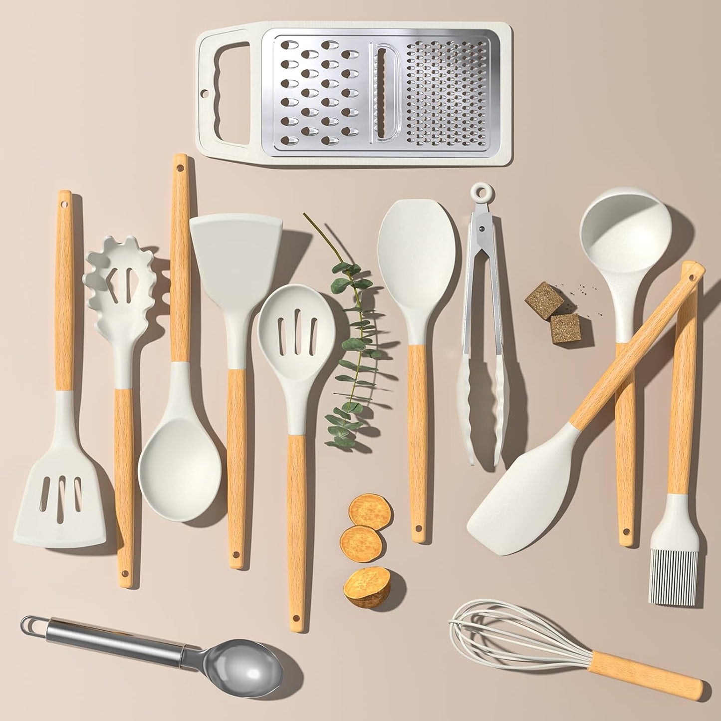 Kitchen Utensils Set- 34PCS Silicone Cooking Utensils with Holder, Heat Resistant Kitchen Utensil Spatula Set for Nonstick Cookware, Black Wooden Handles Kitchen Gadgets Tools Set-White