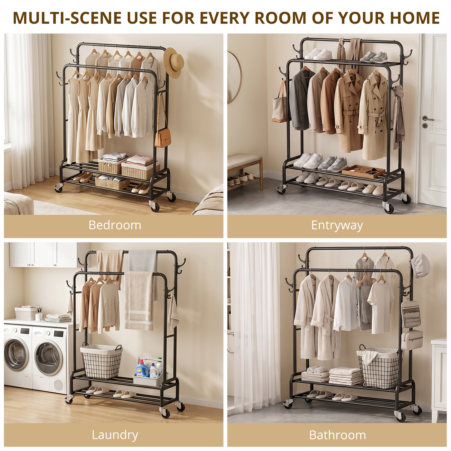 Heavy Duty Double Rod Clothes Rack, Rolling Garment Rack with 2 Tier Shelf and Side Hooks, Metal Coat Rack on Wheels for Bedroom, Laundry Room and Living Room, 44.3"L x 16.1"W x 61.8"H, Black