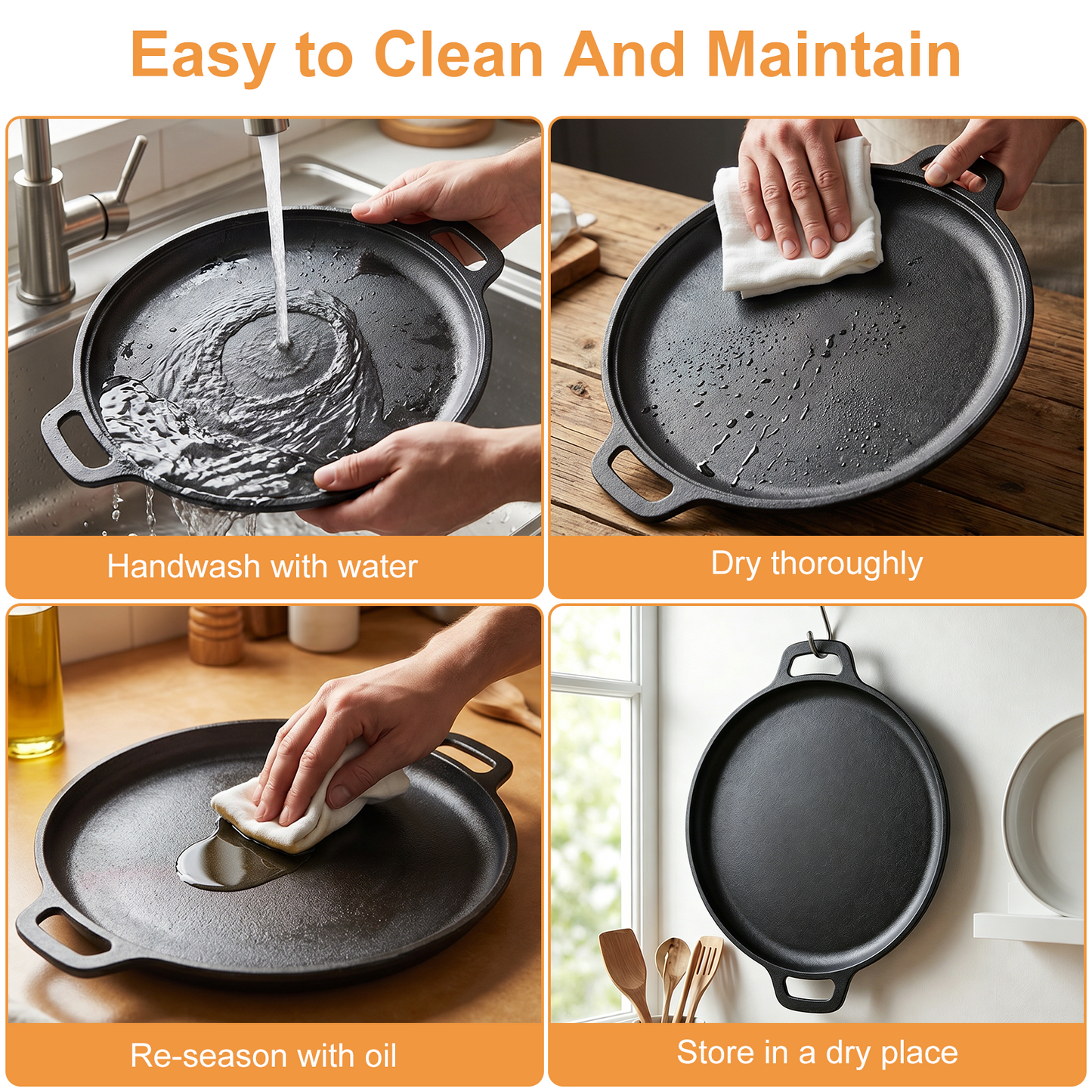 Round Cast Iron Skillet, TAIMASI 12'' Pre-Seasoned Cast Iron Frying Pan with Dual Handle, Oven Safe Pizza Pan for Grill, BBQ, Roasting, All Stovetops Safe