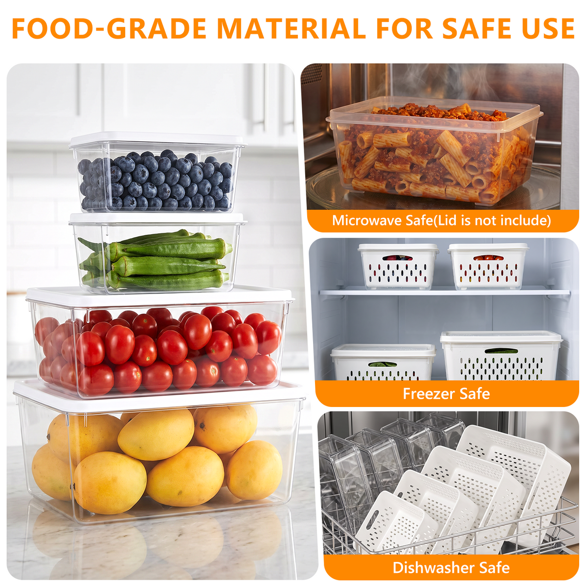 Wynra 4 Pack Fruit Storage Container for Fridge with Airtight Lids & Removable Colander, BPA-Free Plastic Fridge Organizer Bins Produce Saver for Salad Berry Vegetables Meat Keeper Fresh