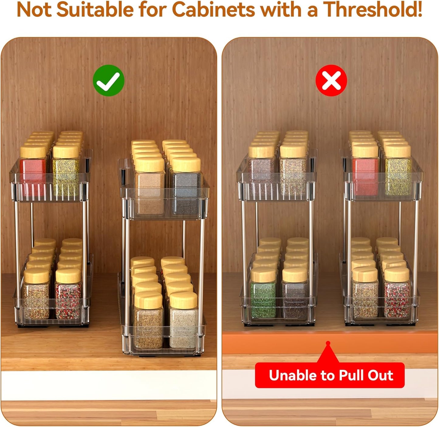 3 Pack Pull Out Spice Rack Organizer for Cabinet, 2 Tier Slide Out Spice Racks Organizer, Spice Cabinet Organizers, Cabinet Size Need:12'' High x 11'' Deep x 5'' Wide, Clear Acrylic